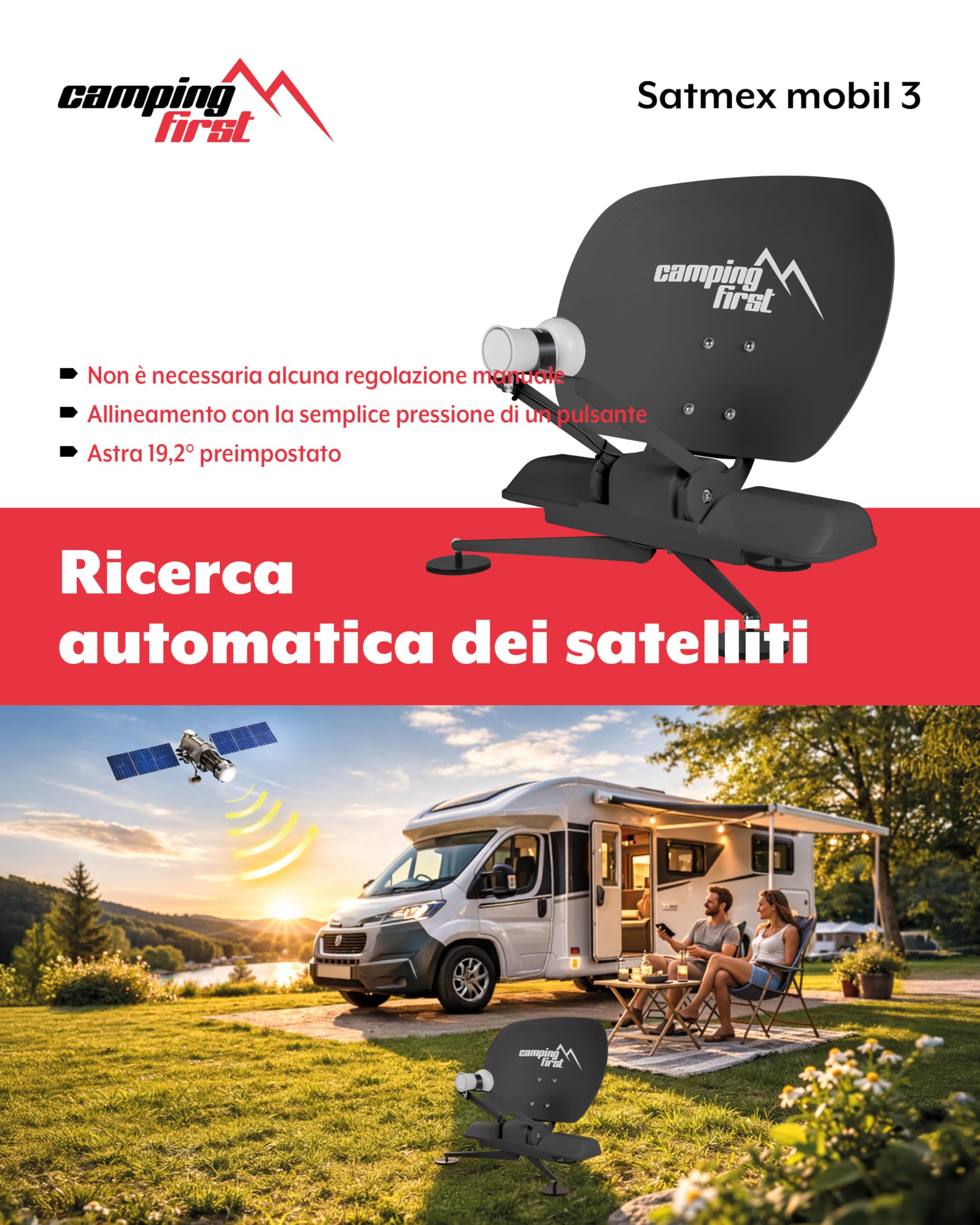 Satmex mobil 3 – Antenna sat mobile automatica – Antracite | Allineamento automatico su Astra 19,2°E, senza alimentazione esterna