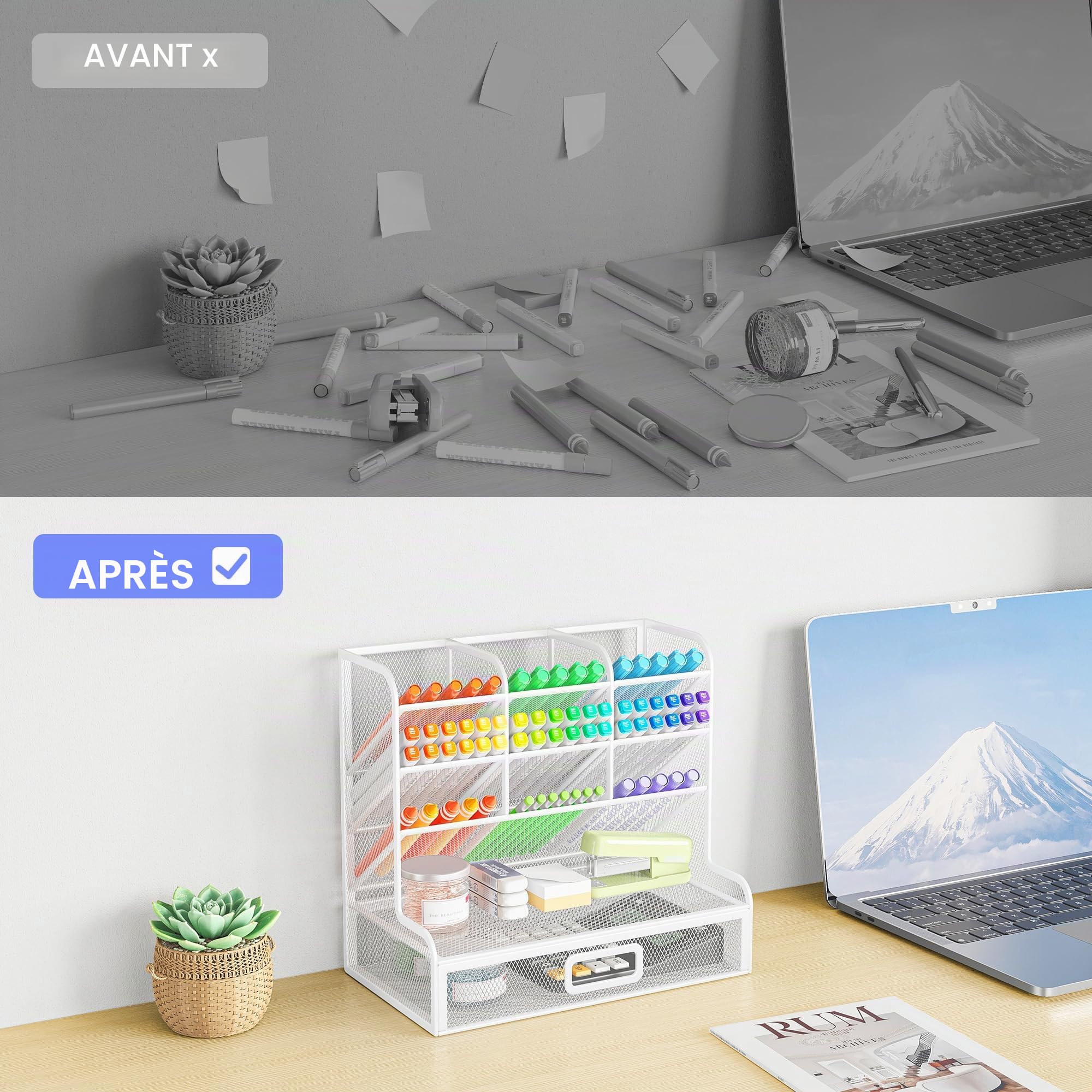 VITVITI Organiseur de Bureau à 4 Niveaux avec Tiroir, 10 Compartiments Porte-stylos pour le Rangement du Bureau - Blanc