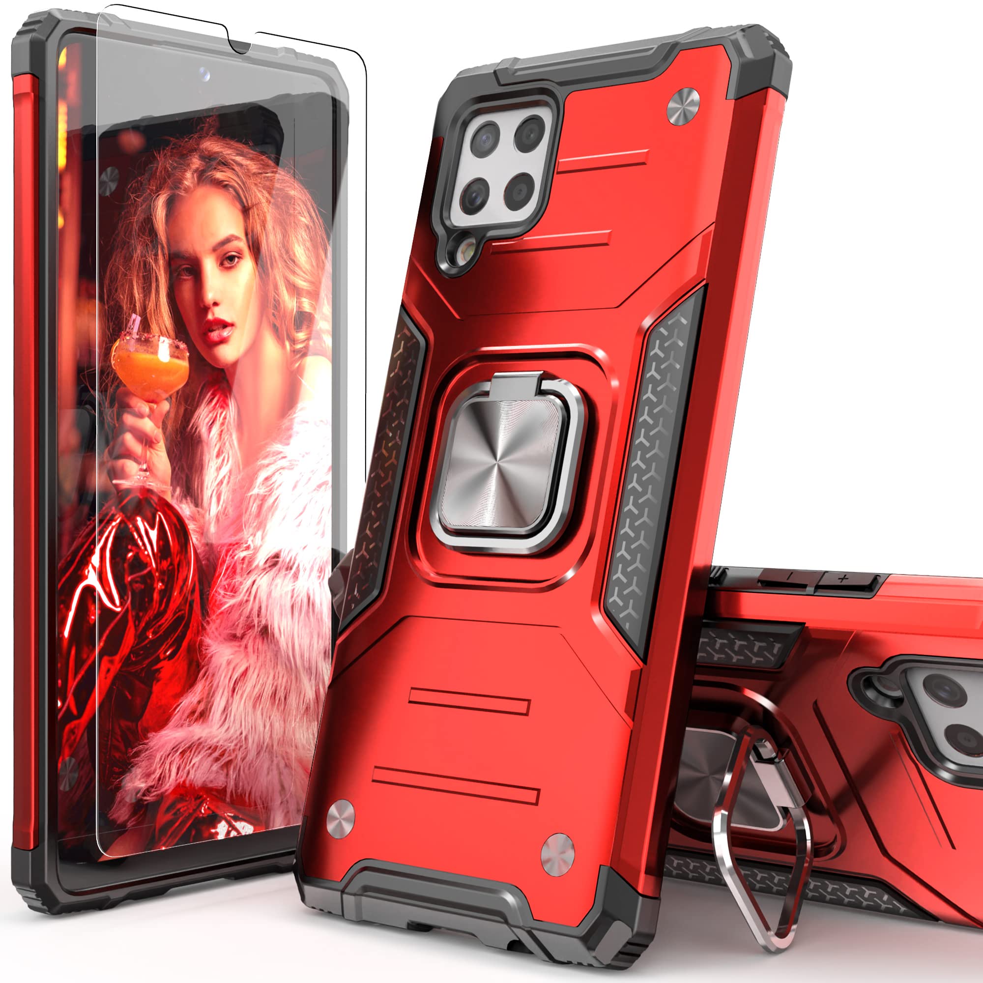 IDYStarCompatible with Galaxy A42 5G Case with Tempered Glass Screen Protector, Hybrid Drop Test Cover with Car Mount Kickstand Slim Fit Protective Phone Cover for Galaxy A42 5G, Red