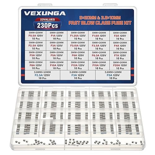 VEXUNGA 23Values Kit de fusibles de vidrio de 125 V 0.5A 1A 1.25A 1.6A 2A 2.5A 3.15A 3.15A 3.5A 4A 6A 6.3A 7A 8A 10A 12A 15A 20A 0.197 in y 2.5A 3A