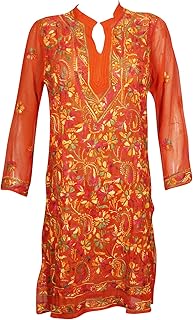 Mogul Interior Womens Tunic Top Georgette Floral Embroidered Bohemian Indian Kurtis Dresses (Red, Small)