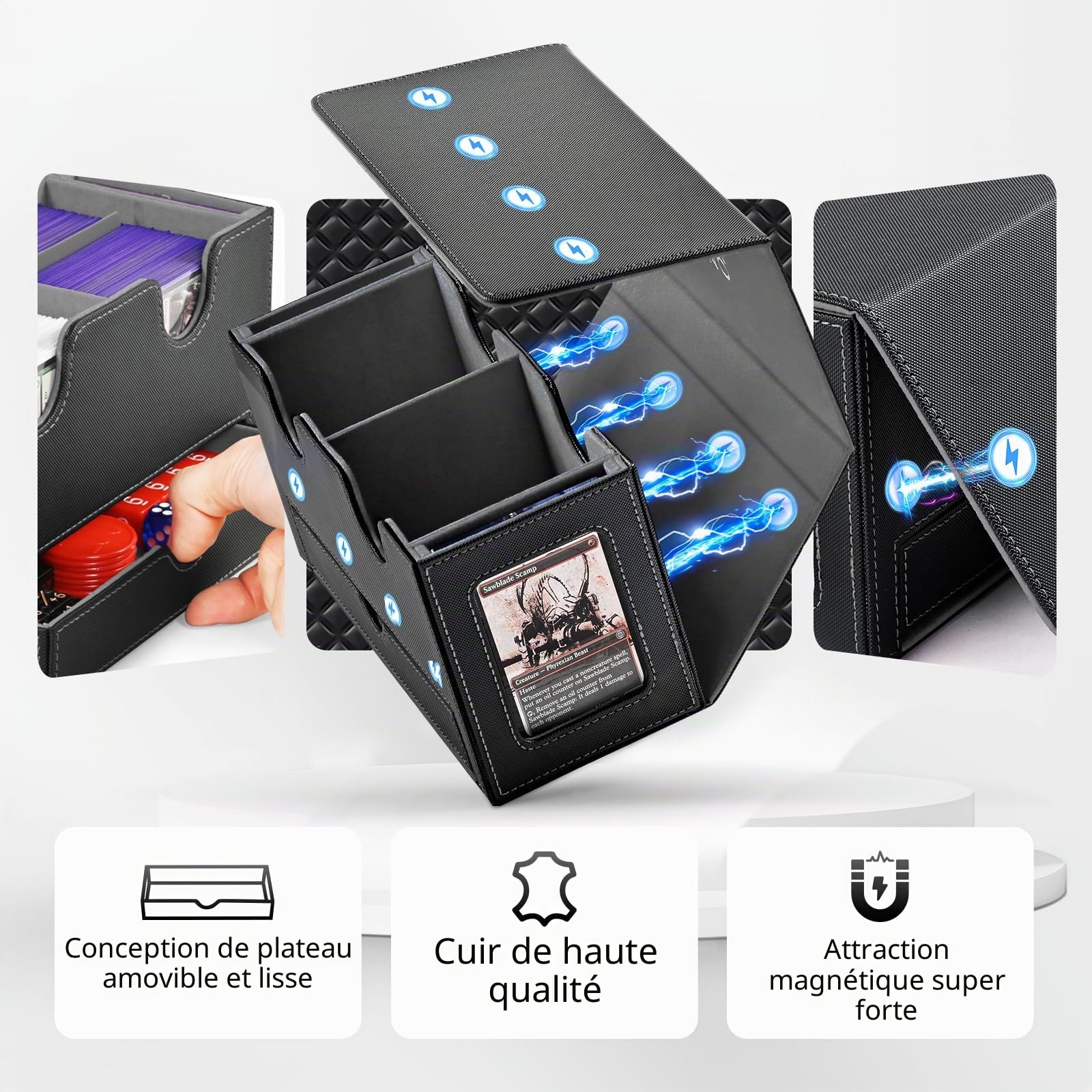 UAONO Boîte de rangement pour MTG, double boîte de rangement avec 2 présentoirs commandants et 1 plateau à dés, peut contenir plus de 200 à double manchon, organisateur pour CCG TCG Sports (noir gris)