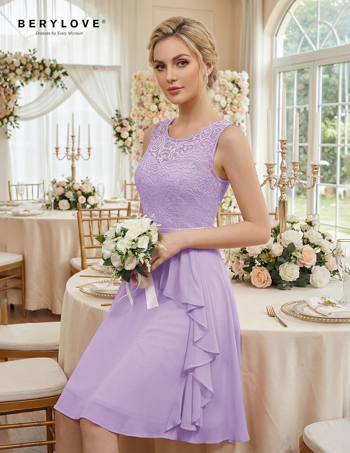 BeryLove Formal Cocktail Dresses Bridesmaid Wedding Guest Short Prom Dress Ruffle Hem Sleeveless Homecoming Lace Gowns - Image 6