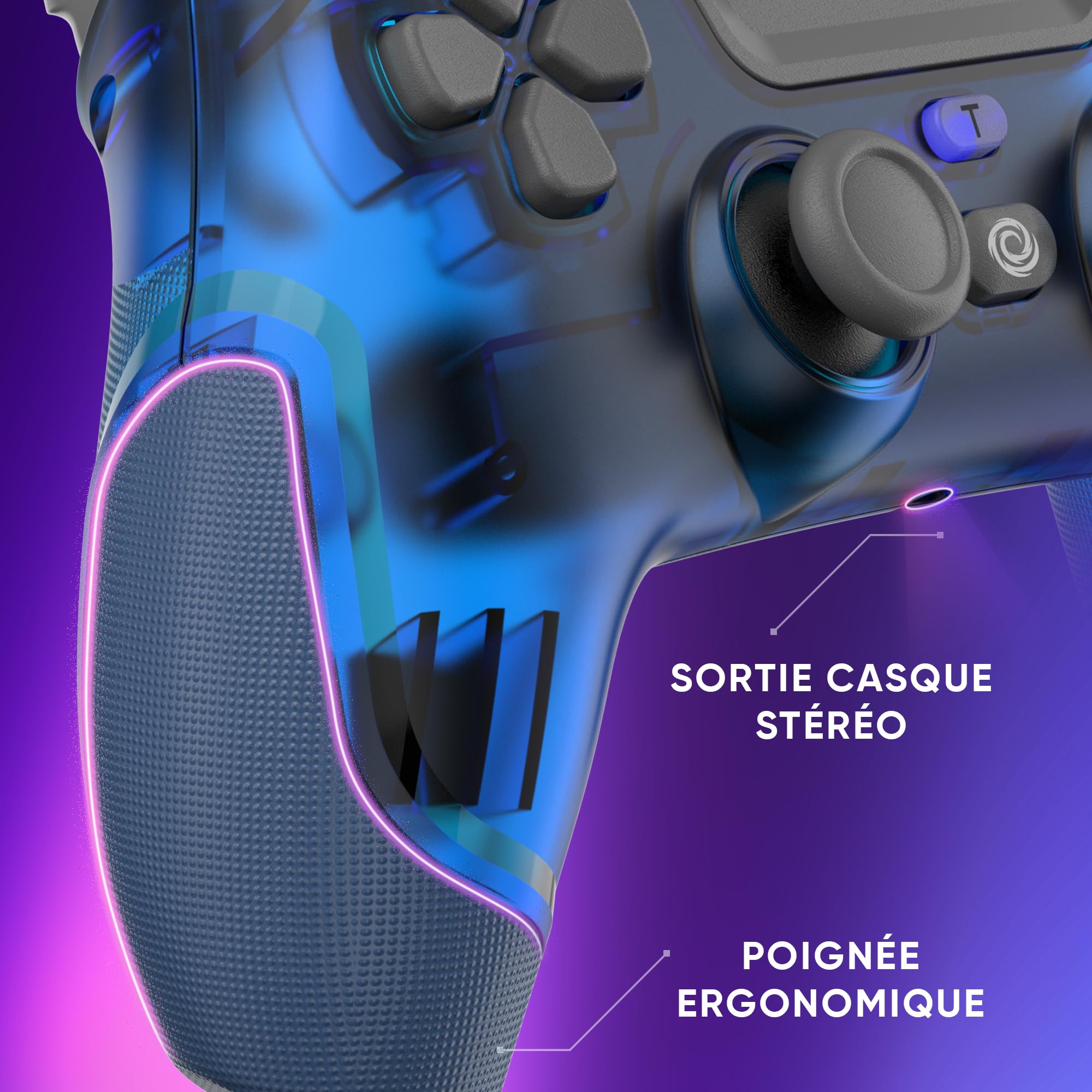 Oniverse Manette sans fil pour PS4, PS3, PC, Android iOS, prise casque, joystick à effet Hall, batterie rechargeable de 1000 mAh, touches macro, fonction réveil, gyroscope 6 axes, Revolt Blue
