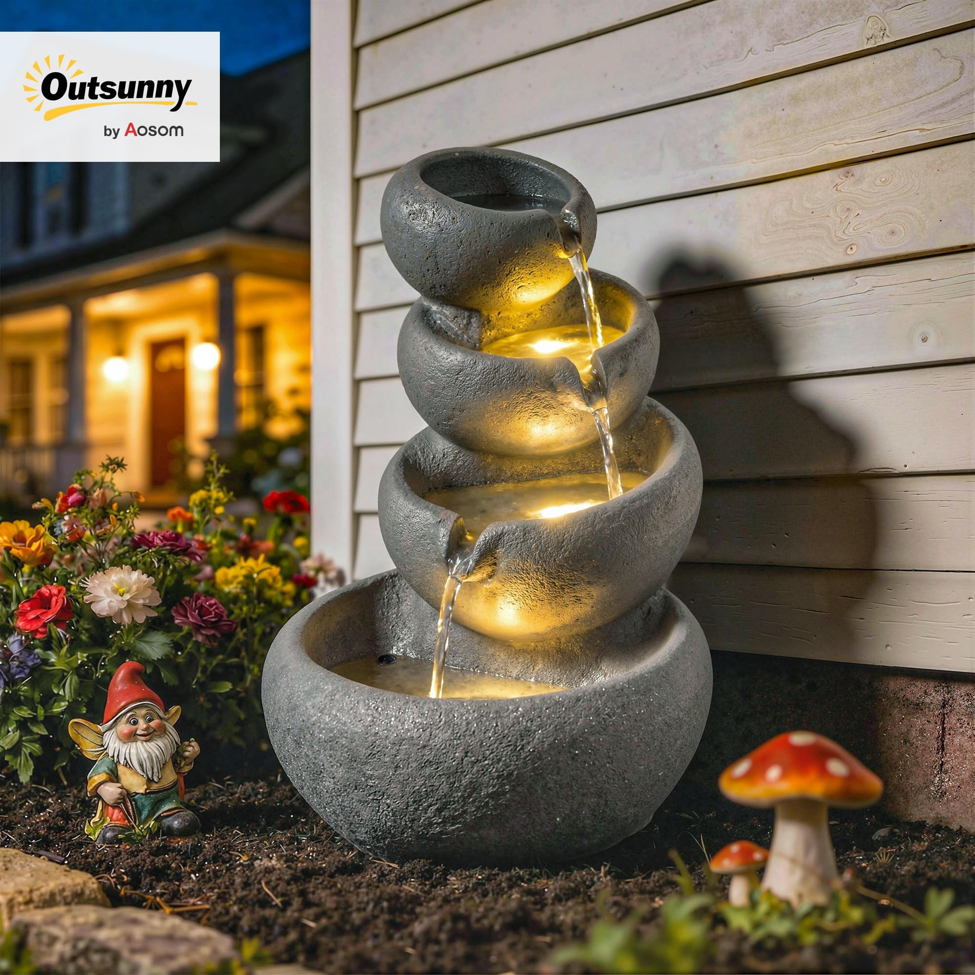 Outsunny Fuente de jardín al aire libre de resina sintética 4 etapas Jardín fuente con iluminación LED piedra aspecto decorativo agua ornamento para jardín terraza 35 x 32 x 50 cm