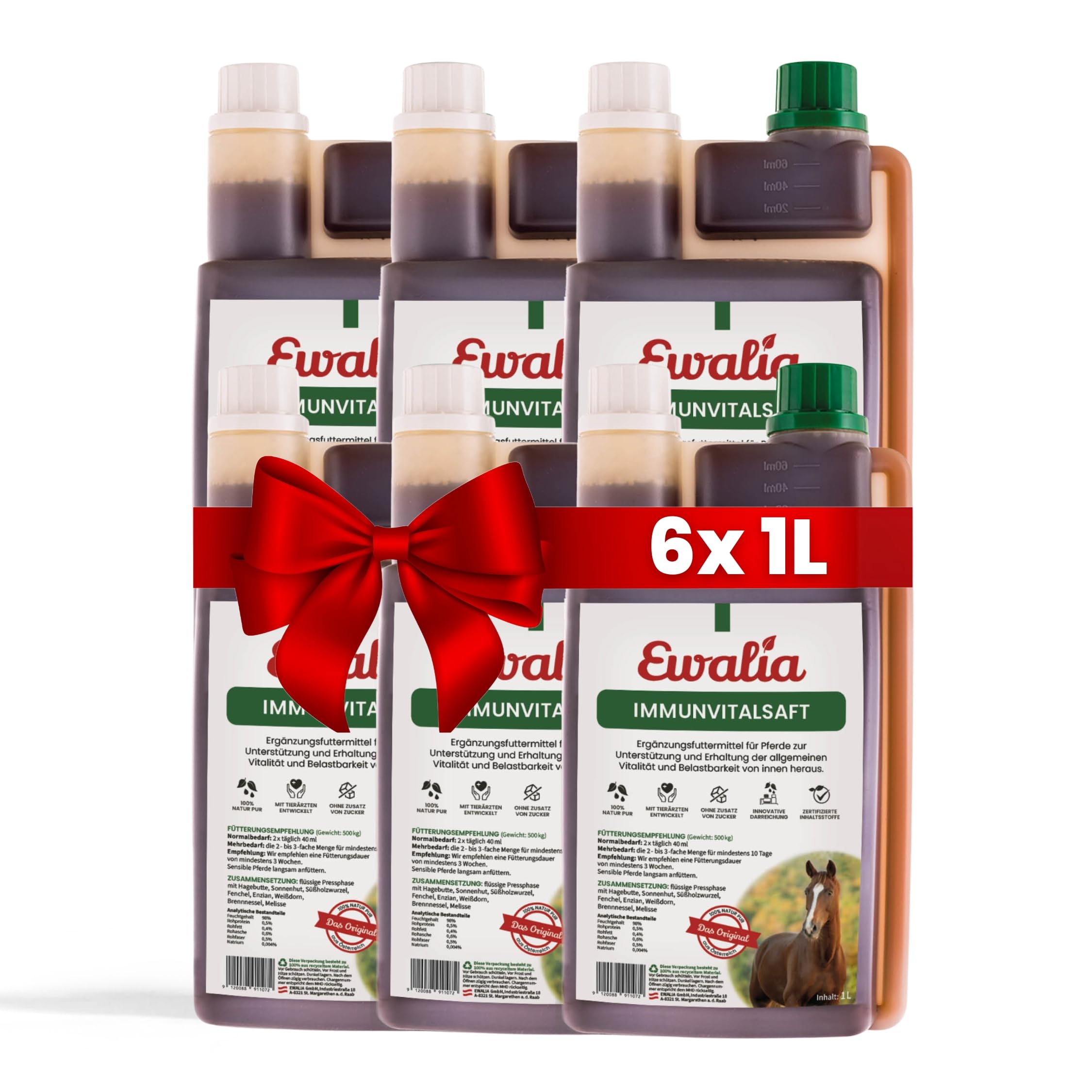 EWALIA Immunvital Zumo - Fortalecedor complementario para caballos, promover el bienestar general, soporte de vitalidad natural y resiliencia, 100% natural puro, 6 x 1 litro