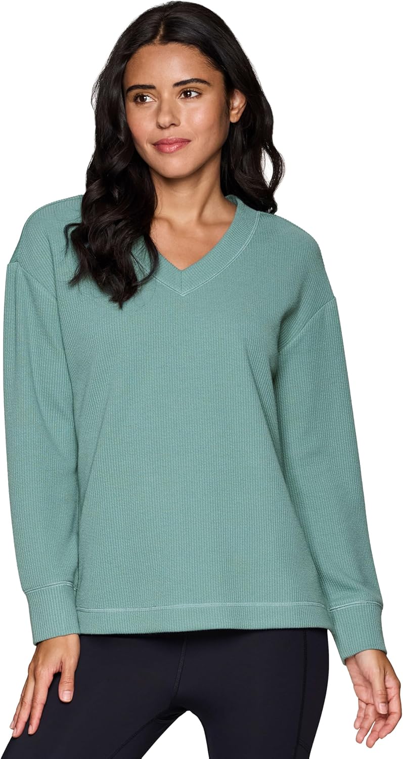 RBX Active Lightweight Sweatshirt for Women Soft Ribbed Long Sleeve Yoga Top Pullover V-Neck Sweater, with Plus Sizes