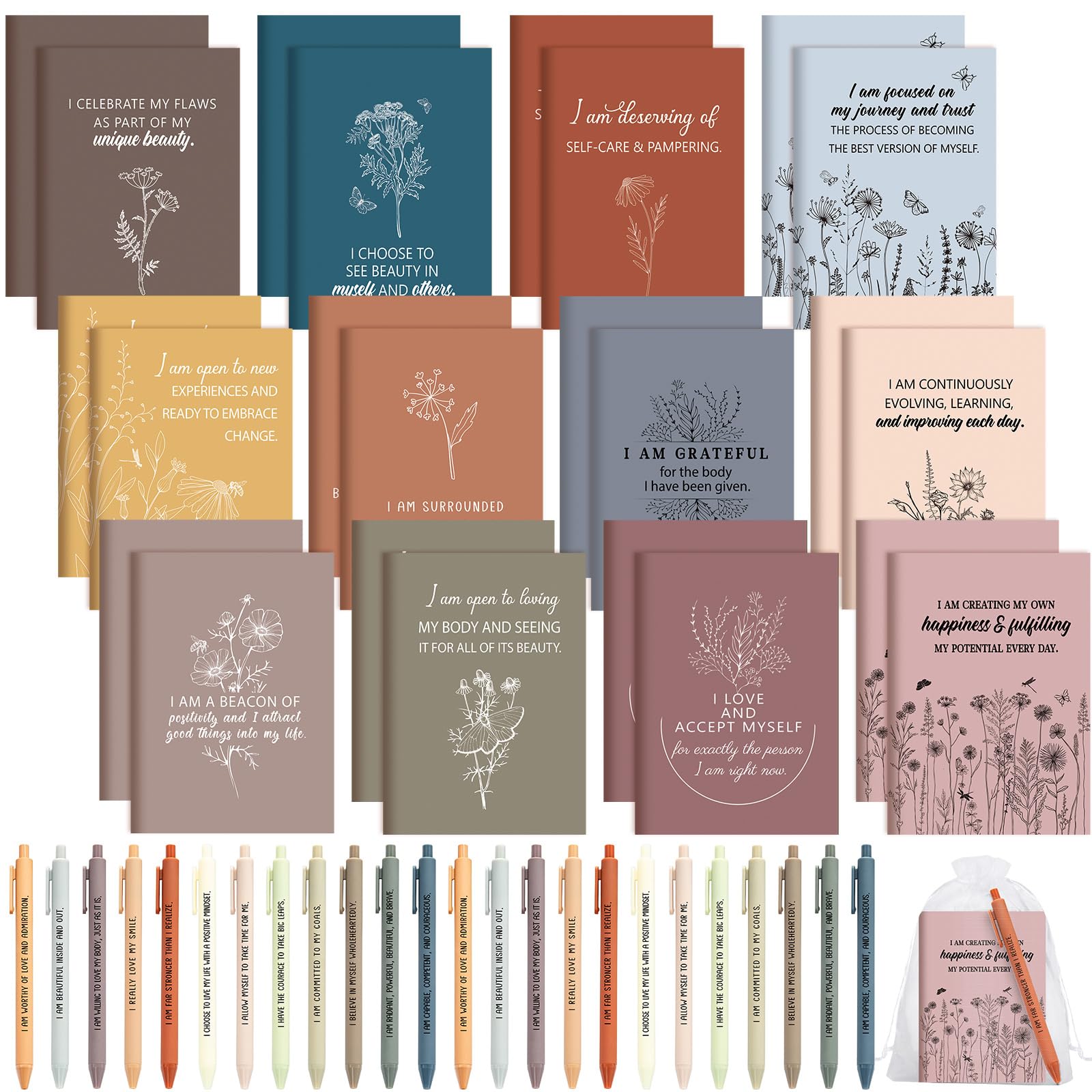 Mooliwe 12 Set/ 24 Pcs Positive Affirmation Gift Set Gratitude Notebooks with Pens Small Bags Motivational Encouragement Notepads Daily Affirmations Journal for Women Stress Relief Self Care (Fresh)