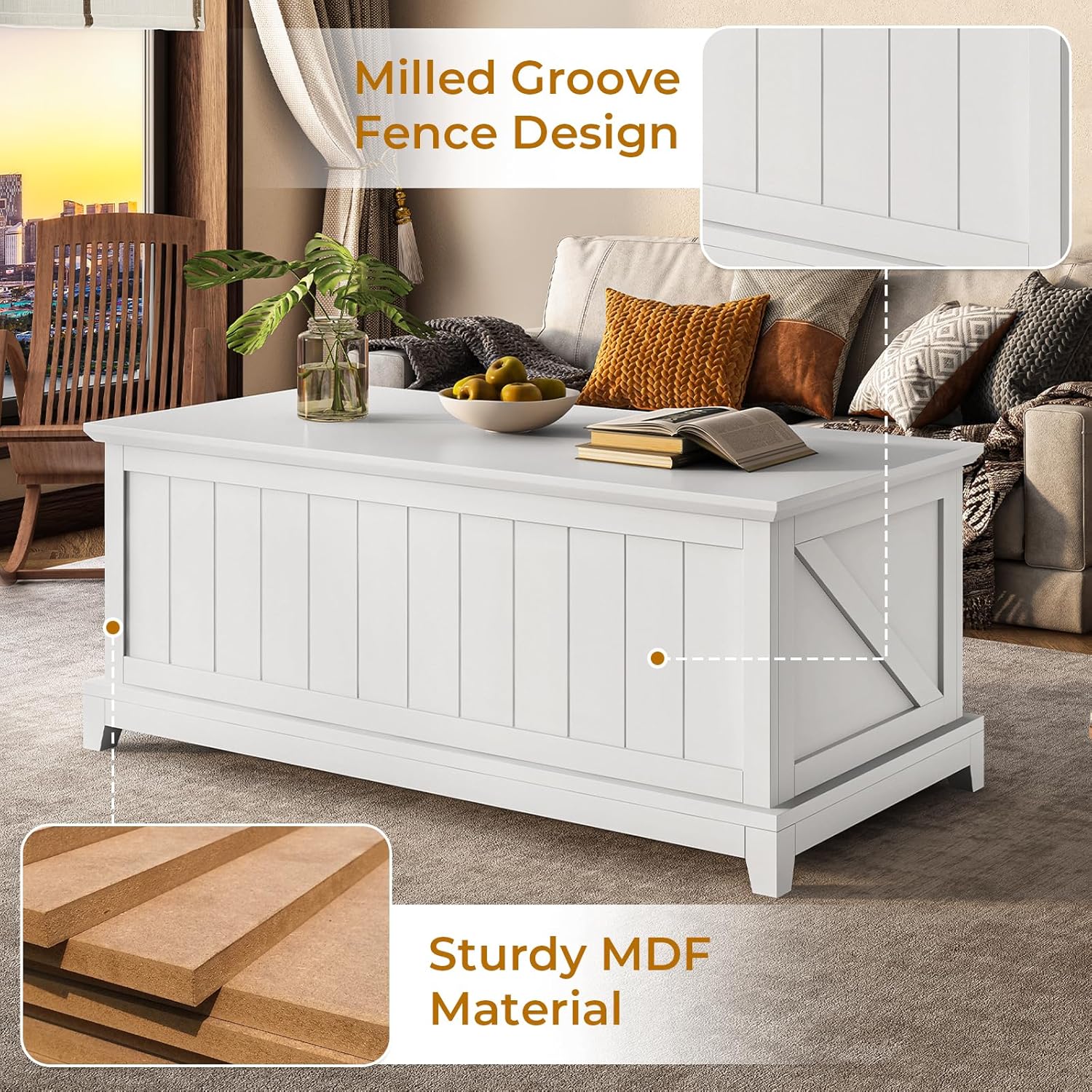 White Wood and Metal Lift-Top Storage Cocktail Table