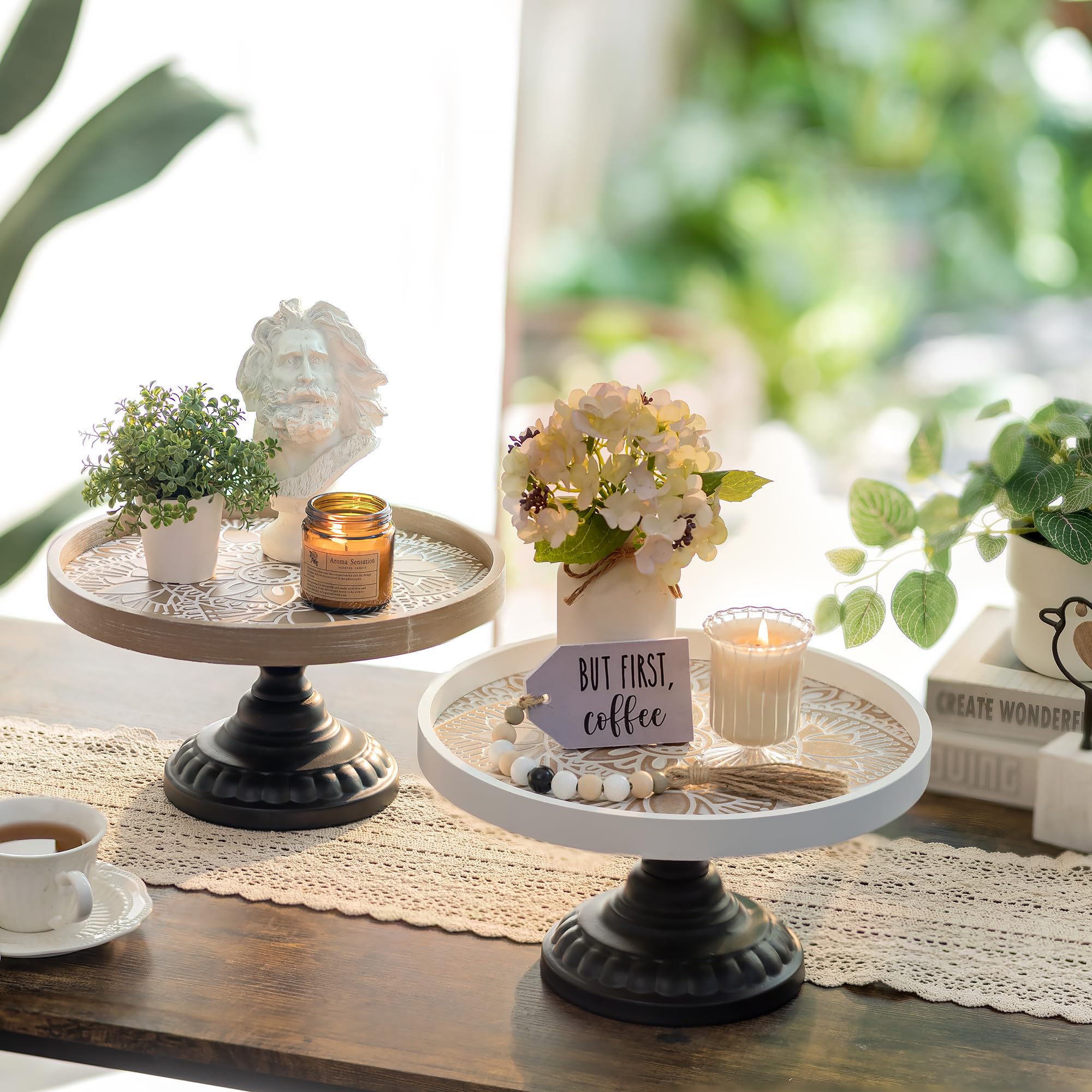 Hanobe Wooden risers for decoration: rustic round wooden pedestal stand tray for display farmhouse table decorative risers for dessert candle cake plant, white 11 inch