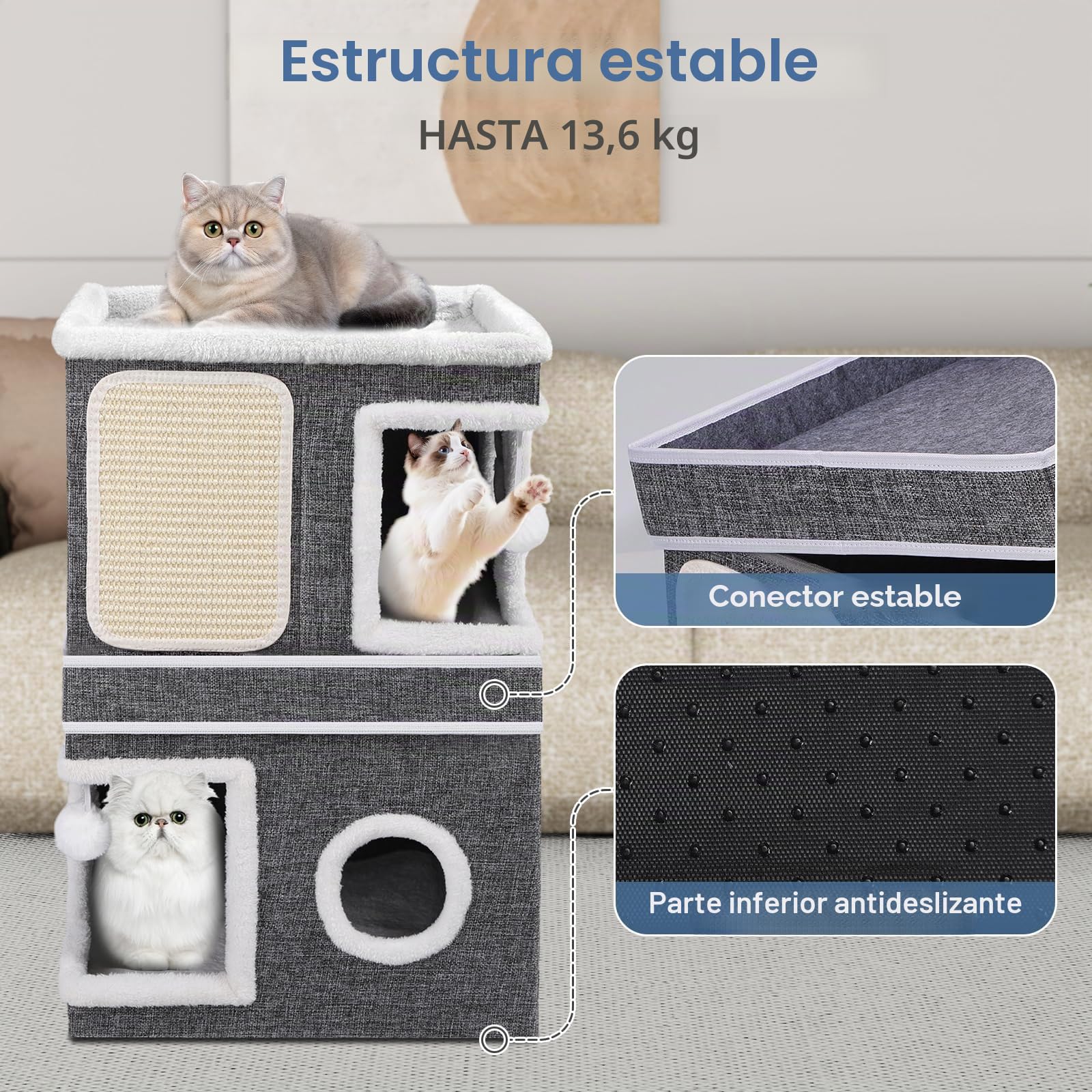 Casa para gatos de 3 capas, cueva plegable para gatos grandes, 40 x 40 x 63 cm, cubo interior para gatos, divisible en 2 grandes cuevas para gatos con escondite para gatos, cama grande para gatos con
