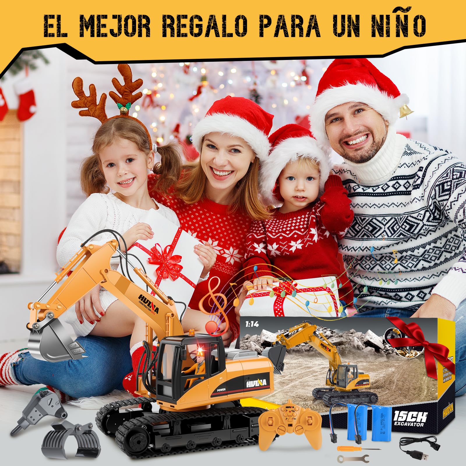 FORMIZON 2.4GHz 15CH Excavadora Teledirigido Cuchara, Martillo Hidráulico, Pinza para Madera 3-in-1 Accesorios Metálicos RC Excavadora Juguetes Regalos Niños 8-12 Años