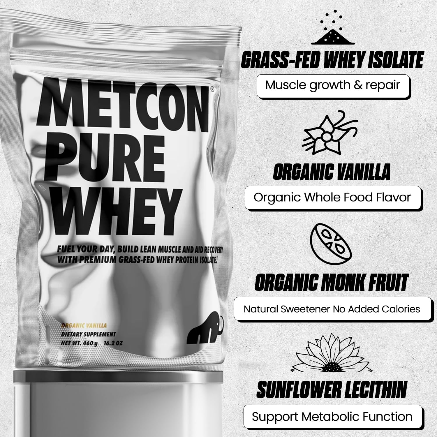 MetCon Whey Protein Isolate - Premium Grass-Fed Whey Protein Isolate Powder with 5 All-Natural Ingredients, No Fillers, Organic Vanilla Flavor (460g)