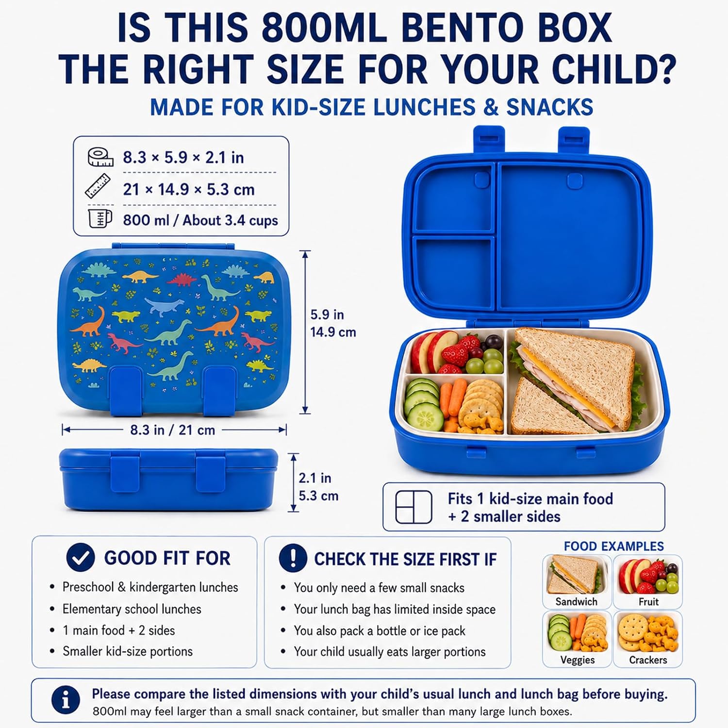 MISS BIG Kids Bento Lunch Box, Blue Dinosaur, Microwave Safe, 800ml image 5