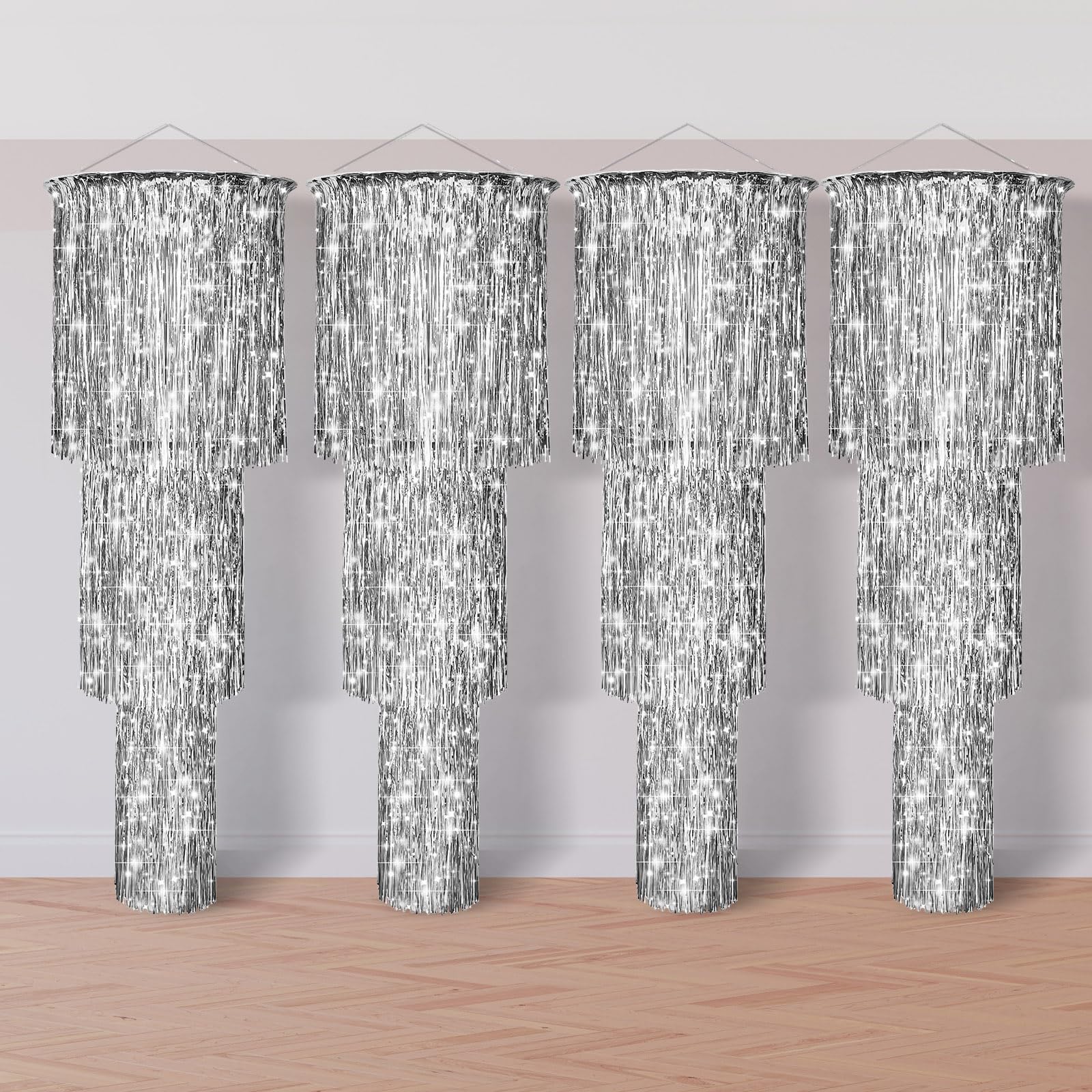 Tatuo 3 Tier Metallic Tinsel Chandelier Shimmering Fringe Chandelier Decor Hanging Decoration Photo Booth Backdrop for Birthday Anniversary Wedding New Year's Eve Party Supplies, 4 ft (4 Pcs,Silver)