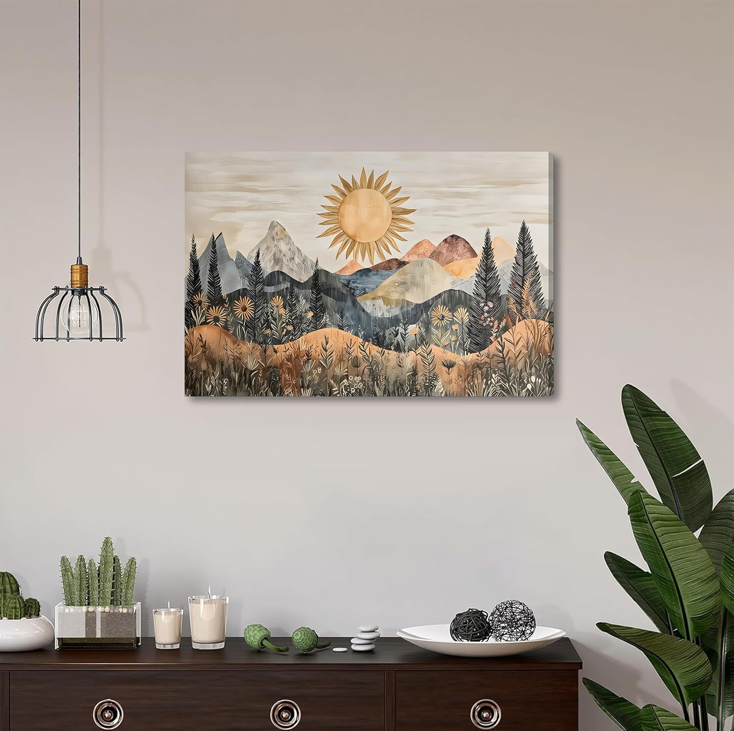 1Pc Framed Bohemian Sun Landscape Wall Art, Colorful Mountains Canvas Prints, Vintage Wildflowers Poster Picture Decor, Suitable for Living Room Bathroom Bedroom 16x24 Inch