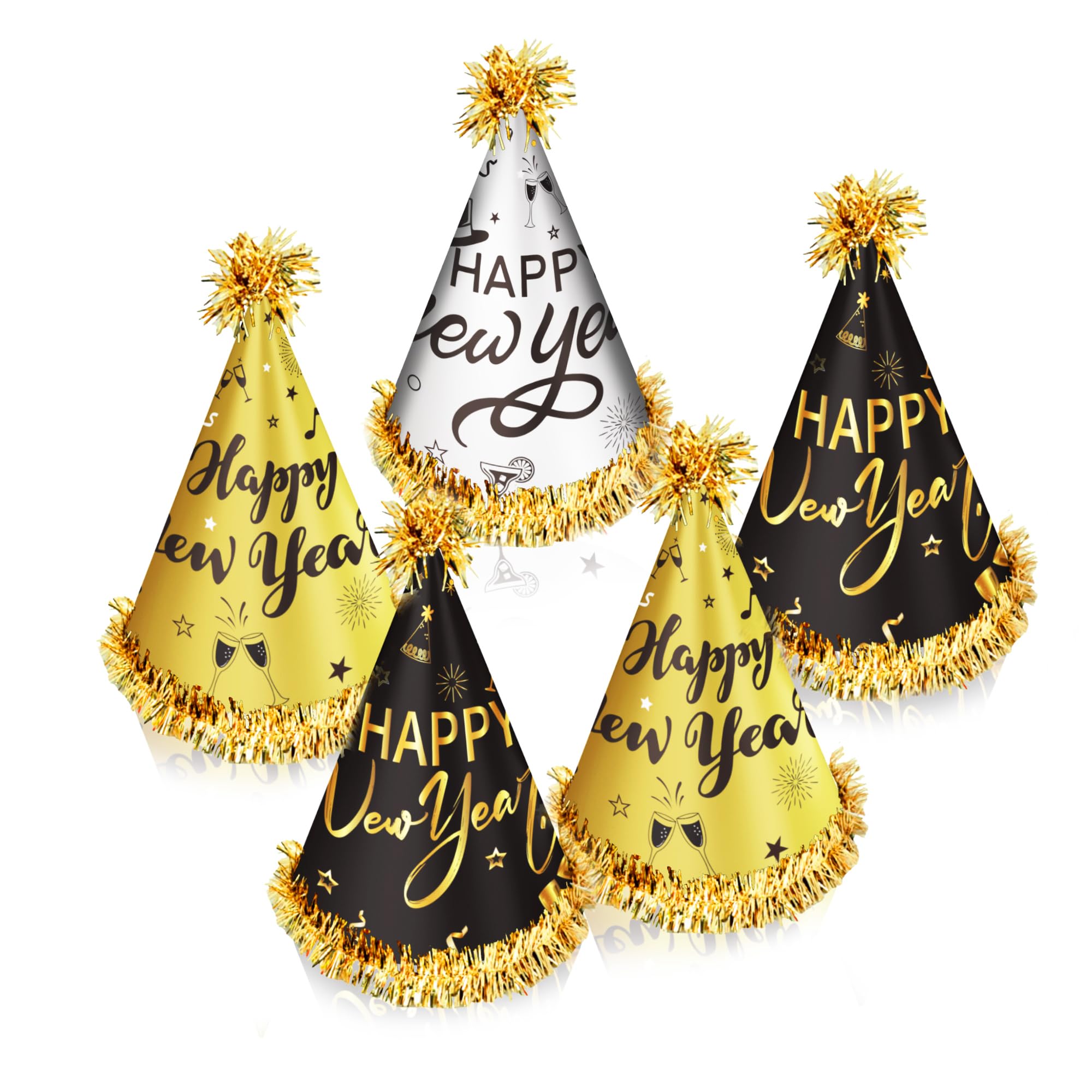 6 Pcs New Years Eve Party Cone Hats Happy New Year Hats with Foil Tassel for New Years Eve Decor 2024 New Year Party Decoration
