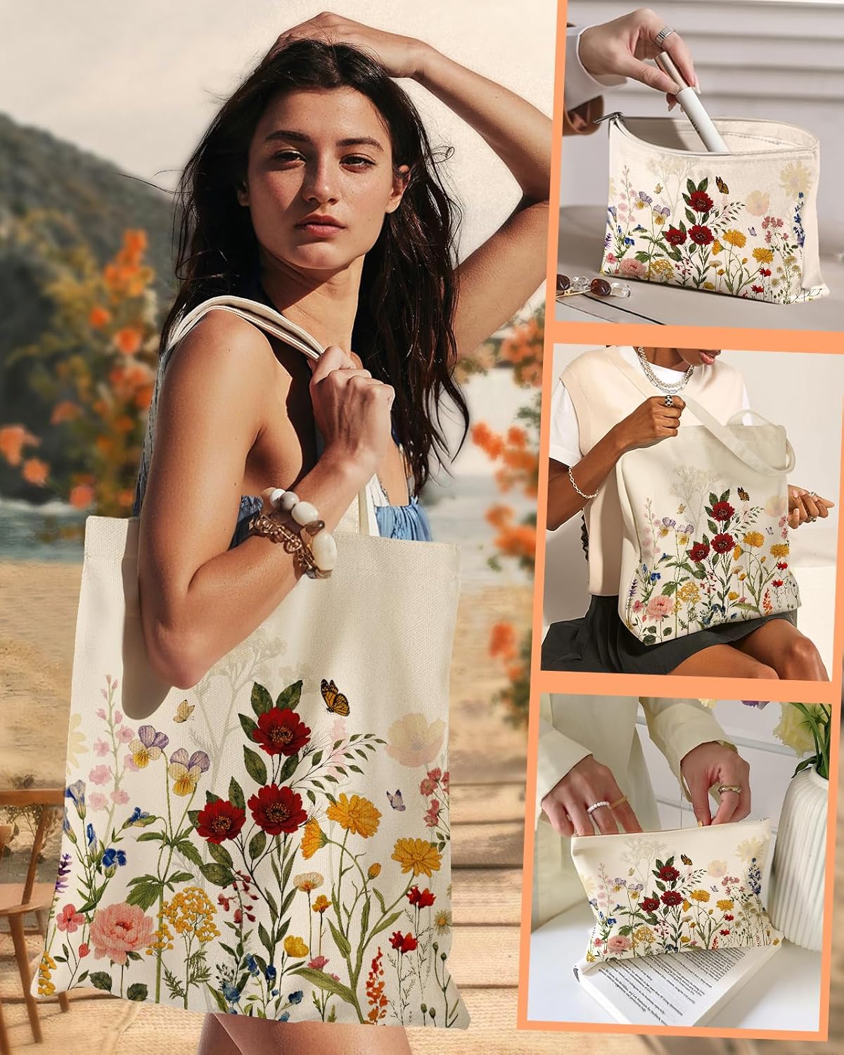 2 Pack Canvas Tote Bag - with Makeup Pouch Aesthetic Cute Women Reusable Canvas Bag for Shopping, Work, Travel - Image 2