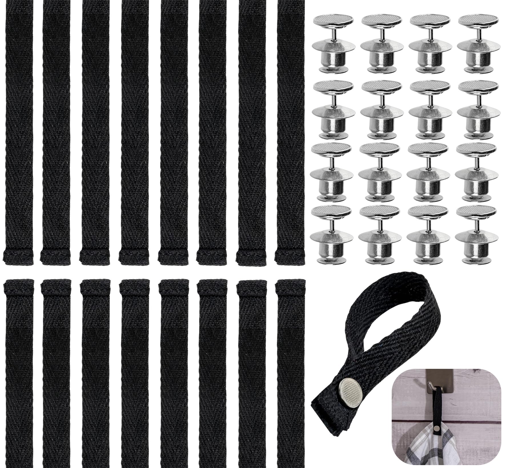 16 Pezzi Ganci per Tessuti Senza Cuciture Appendi Strofinacci Cucina 15 * 1.2cm con Chiusura a Bottone Ganci per Asciugamani Clip Per Asciugamani,Bagno,Stracci,Decorazione,Campeggio(Nero)