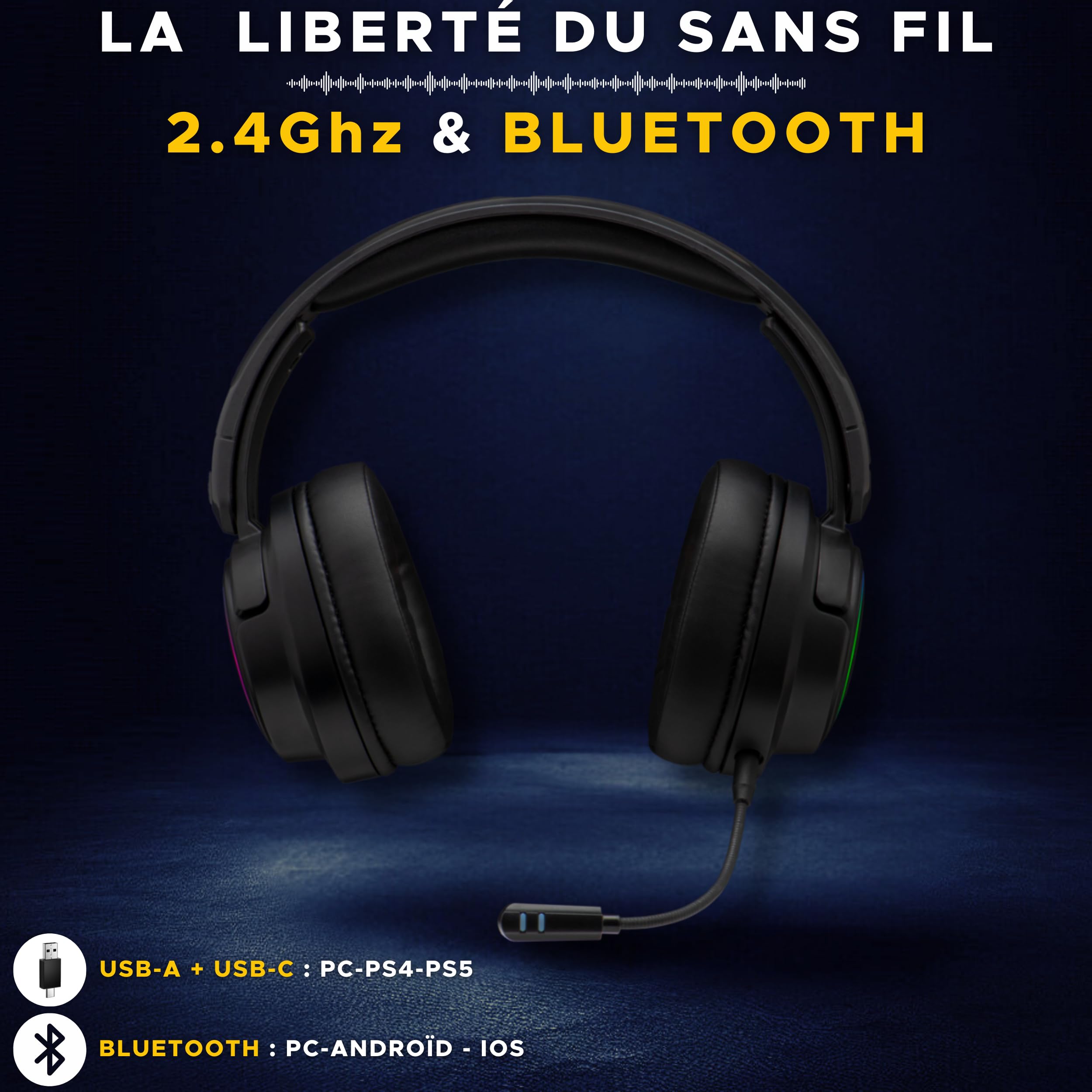 The G-Lab - Korp Iridium - Casque Gaming Sans Fil 2.4GHz & Bluetooth, Audio Haute Qualité, Micro Détachable, Autonomie 45H, RGB, Oreillettes Similicuir - Casque gaming PS5,PS4,PC, SWITCH, ANDROID, IOS | Sans Fil 2.4GHz & Bluetooth, Audio Haute Qualité, Mi