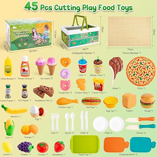 Miniatura 5 de 78 piezas de comida de juego de simulación para la cocina de los niños, comida de juguete de corte con cesta de almacenamiento, accesorios de cocina