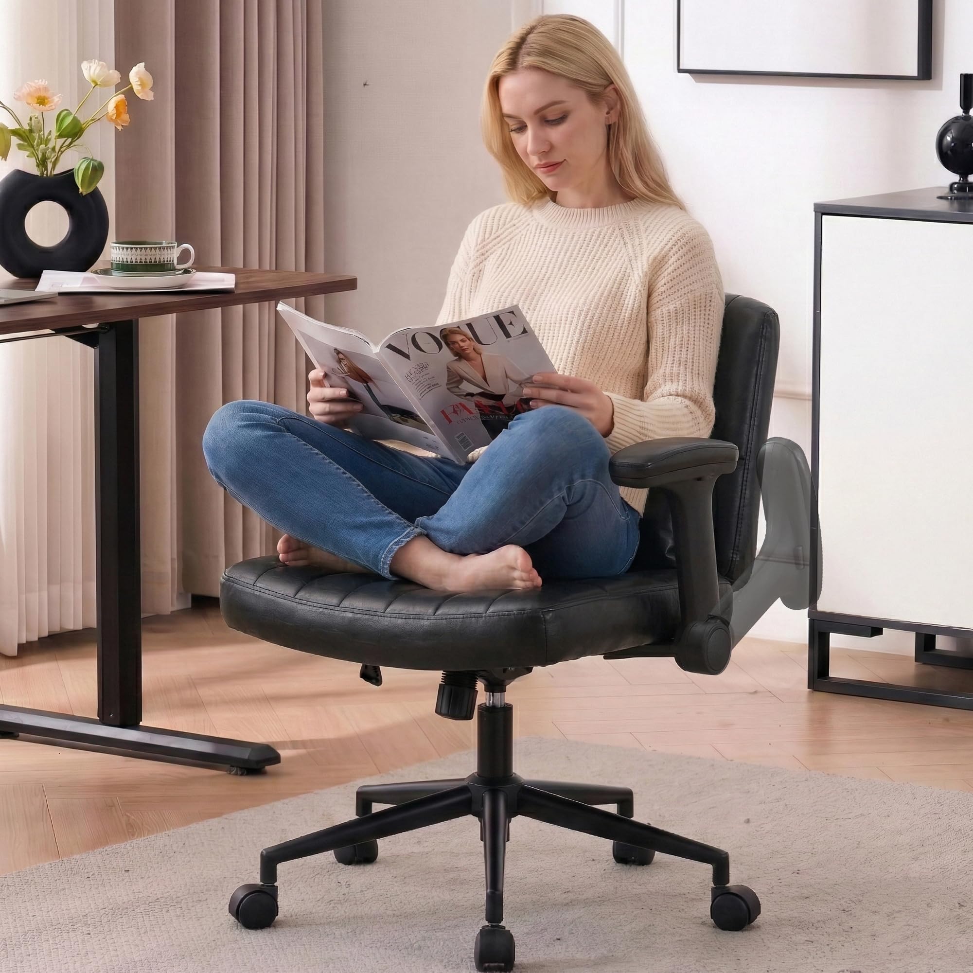 SnyFivv Cross Legged Office Chair with Flip-Up Arms & Wheels, 63cm Wide Seat Ergonomic Desk Chair - 360° Swivel & 15° Rocking, Computer Chair for Home Office PU Leather, Black