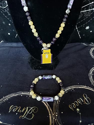 Miniatura 3 de Basketball Gemstone Necklace (Amethyst, Yellow Calcite, Howlite, Hematite, & Purple Line Agate) WMatching Bracelet