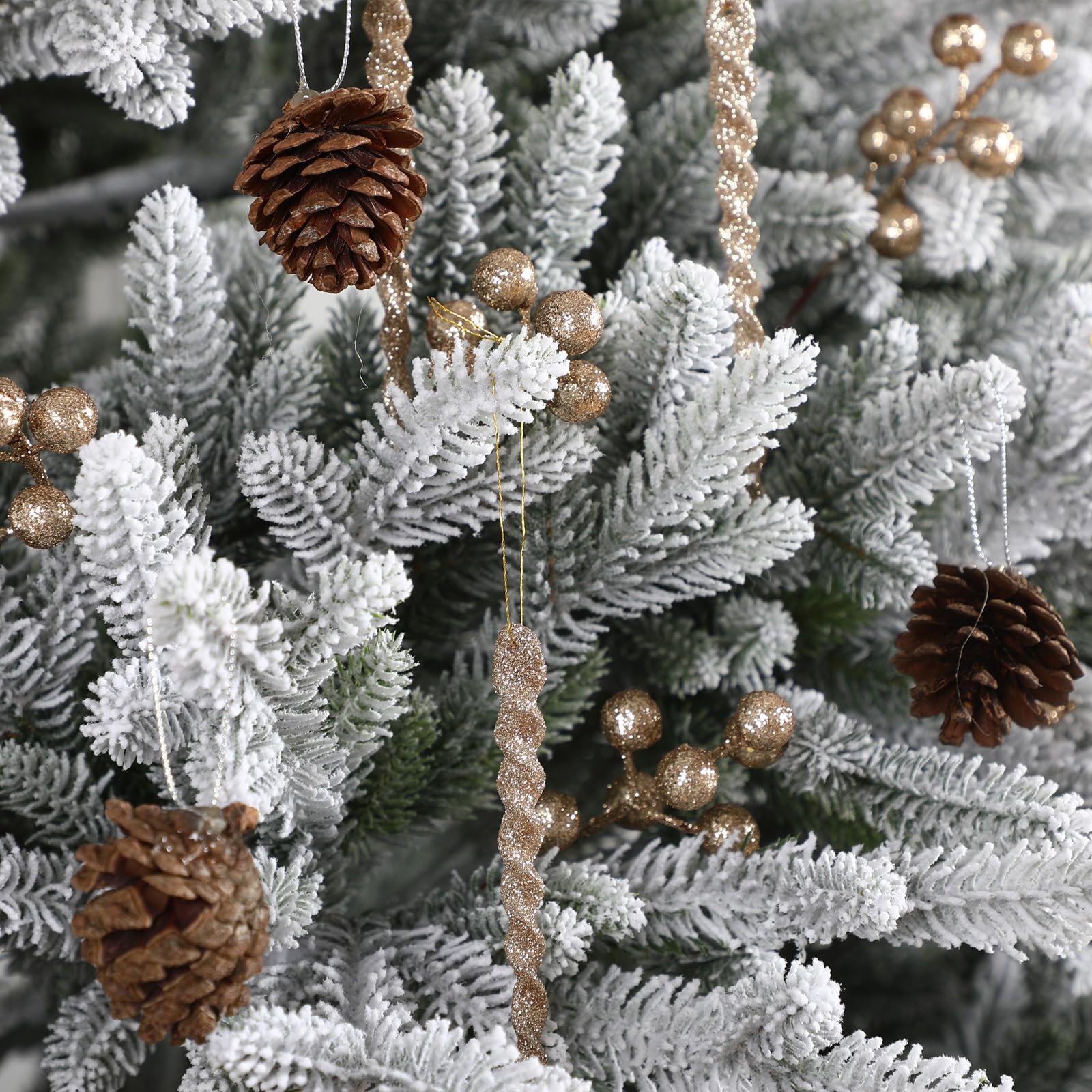 Canlierr Lot de 145 décorations de sapin de Noël avec guirlande lumineuse assorties incassables – Décorations à paillettes, poinsettia, flocons de neige, baies, tiges – Décoration pour sapin de Noël