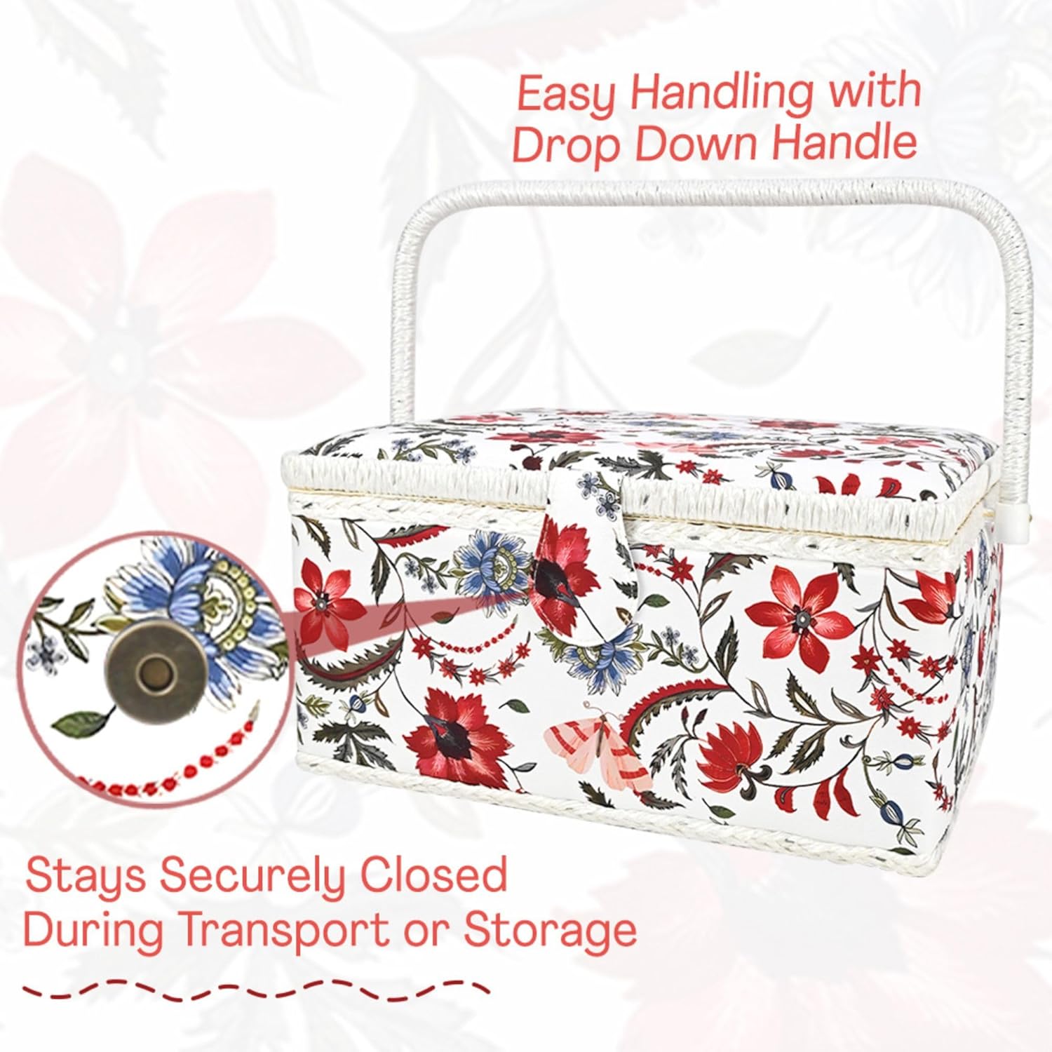 Sewing Basket Large with Complete Sew Accessories and Removable Tray, Professional Beginner Sewing Box for Sewing Supplies, Red Floral