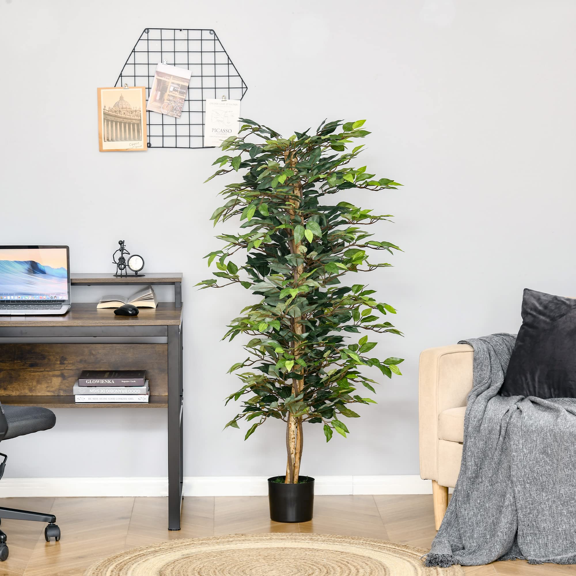 HOMCOM Arbre Artificiel Plante Artificiel ficus Hauteur 1,5 m Tronc Branches Liane Lichen Feuilles Grand réalisme Pot Inclus