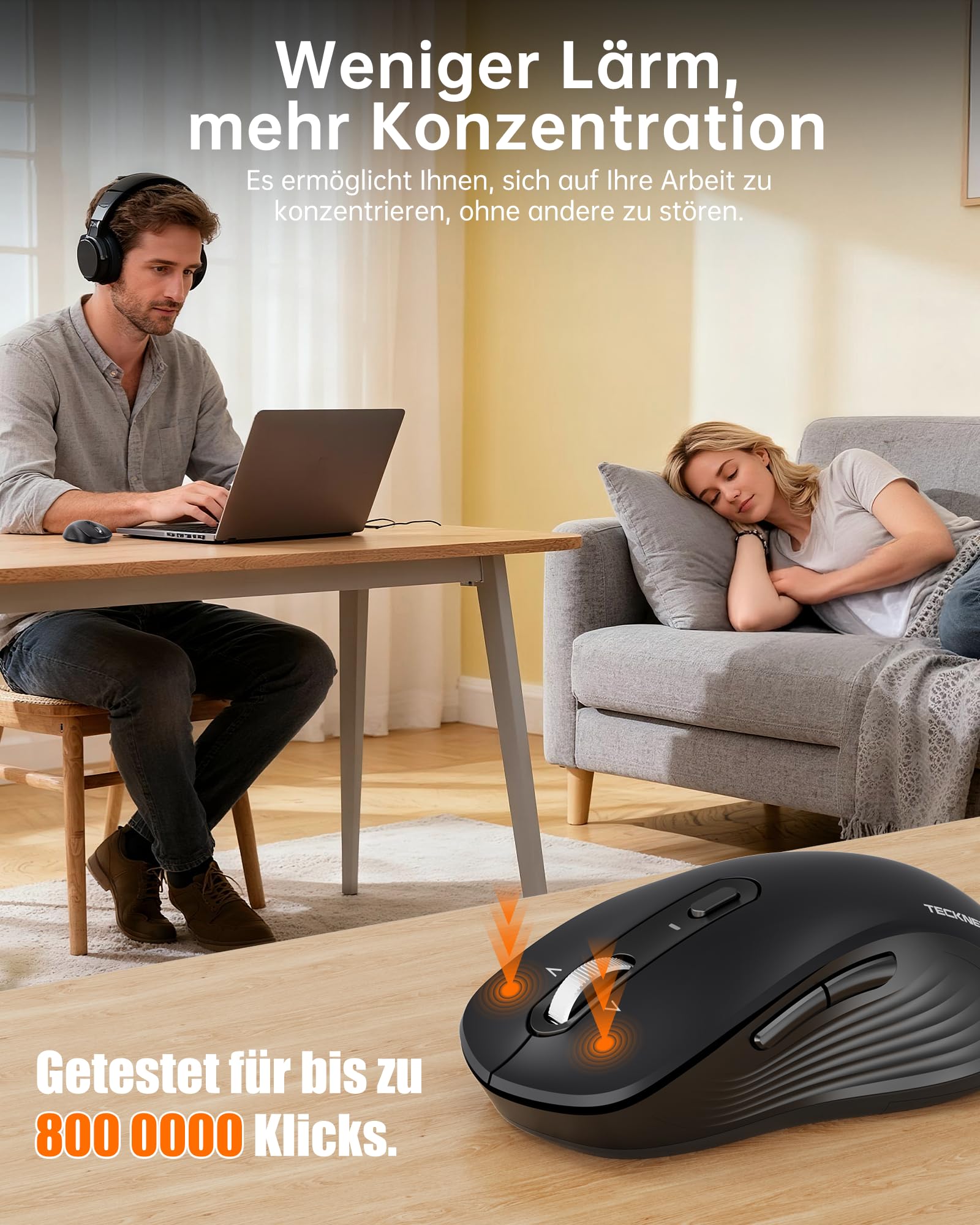 TECKNET Ratón Bluetooth inalámbrico (BT 5.0/3.0 + 2.4G), rueda de desplazamiento de 4 vías, ratón inalámbrico silencioso con receptor USB-A, ratón inalámbrico de 4800 DPI, ratón ergonómico para