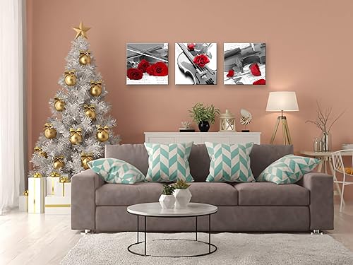 Miniatura 6 de NAN Wind 3 piezas de lienzo de 12 x 12 pulgadas, impresión de violín y rosa roja en blanco y negro moderno, giclée, estirado y enmarcado para