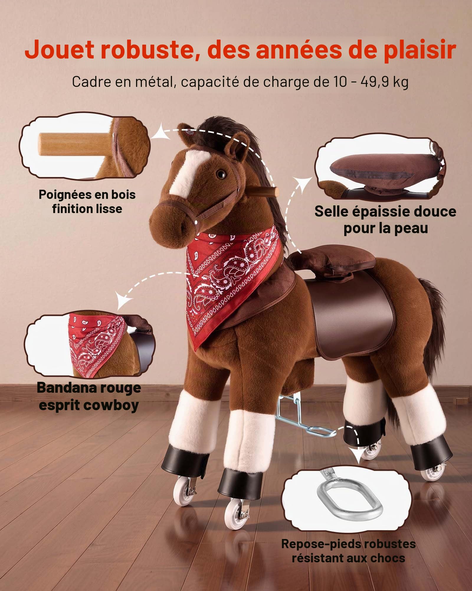 VEVOR Cheval à Roulettes pour Enfants dès 6 ans, Cheval Mécanique à Monter Fonctionnant sans Pile, Charge Max. 80 kg, Poney Jouet avec Siège Rehaussé, Poignées, Pédales et Roues avec Anneau Anti-Recul
