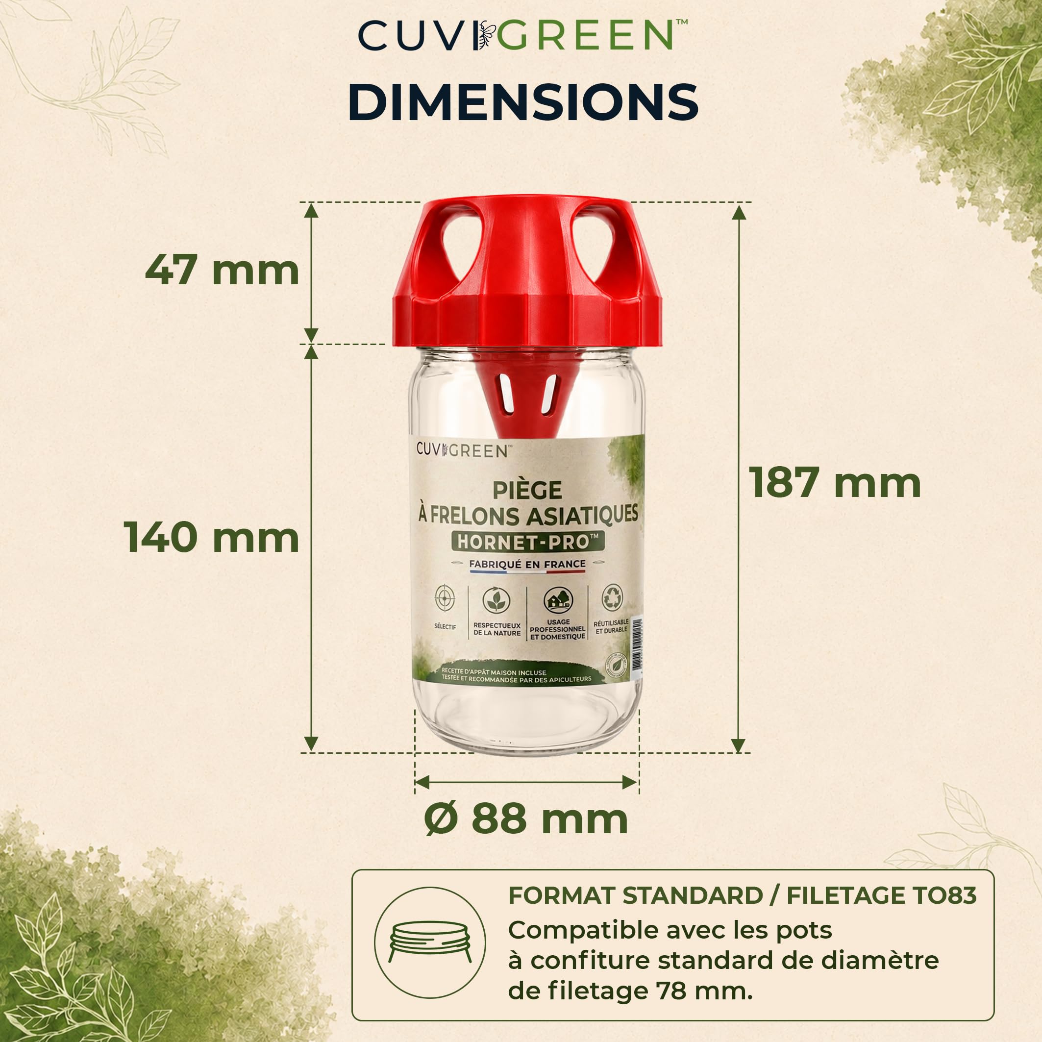 HORNET-PRO™ Azjatycka pułapka na osy, szklana, ekologiczna, selektywna i wielokrotnego użytku, do ogrodów i uli, wyprodukowana we Francji, Cuvigreen™ (x3)