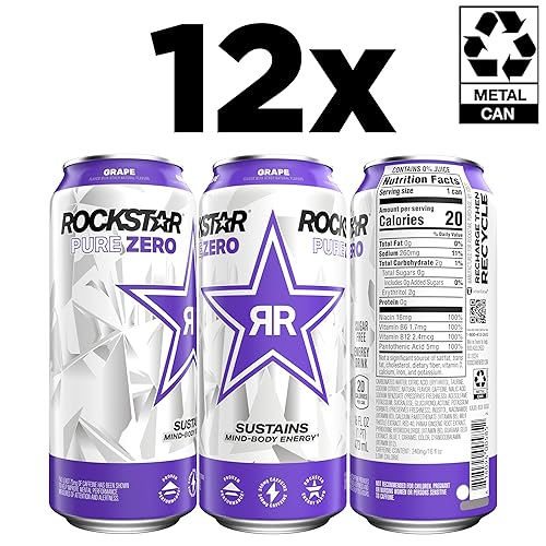 Miniatura 3 de Rockstar Pure Zero Energy Drink, Grape, 0 Sugar, with Caffeine and Taurine, 16oz Cans (12 Pack) (Packaging May Vary)