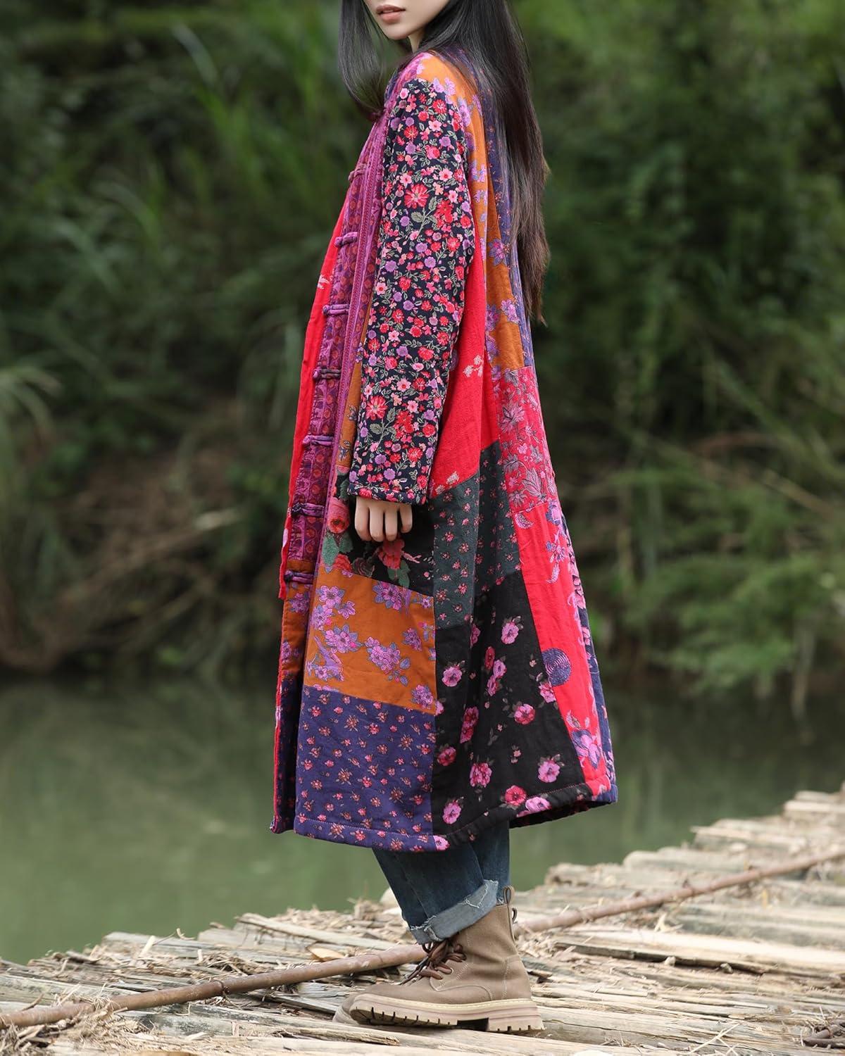 Women's Boho Floral Patchwork Fleece Coat Loose Long Fit Button Camo Trench Jacket with for Fall & Winter - Image 2