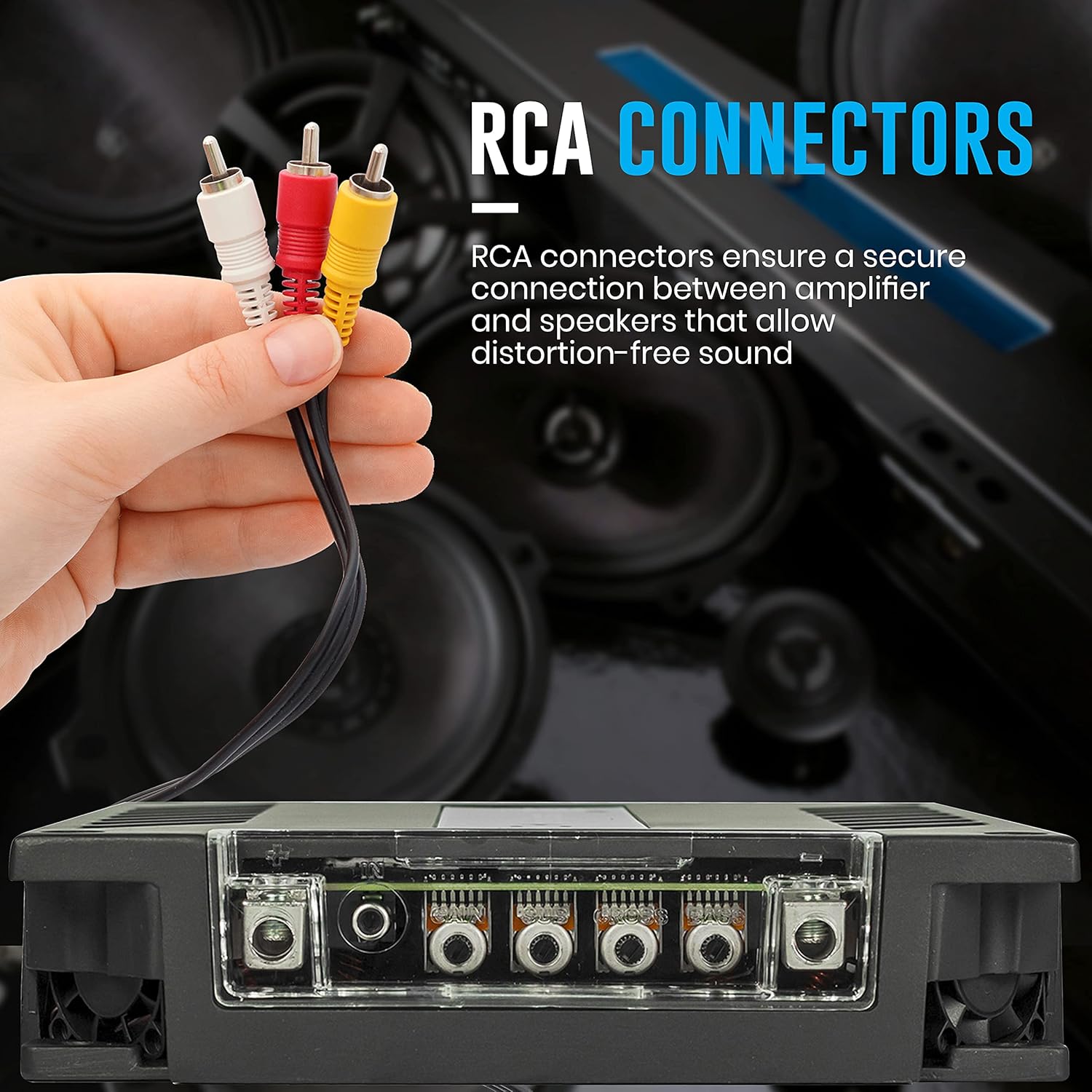 RCA connectors being held above the amplifier's input terminals