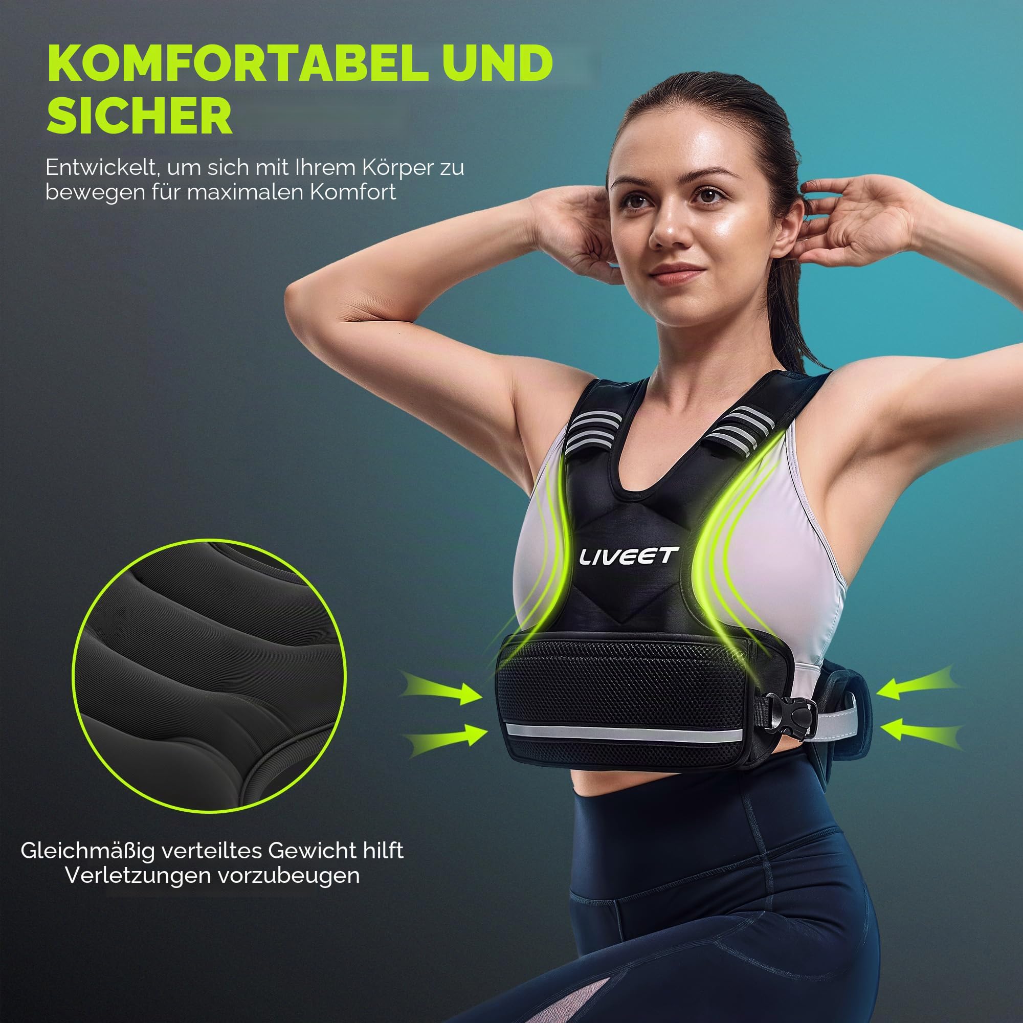 Verstellbare Gewichtsweste für Damen und Herren, 1,8-14,5 kg Gewichtsweste mit 6 Eisensandbeuteln, Laufweste mit reflektierenden Streifen, verstellbare Schnallenriemen für Gehkrafttraining