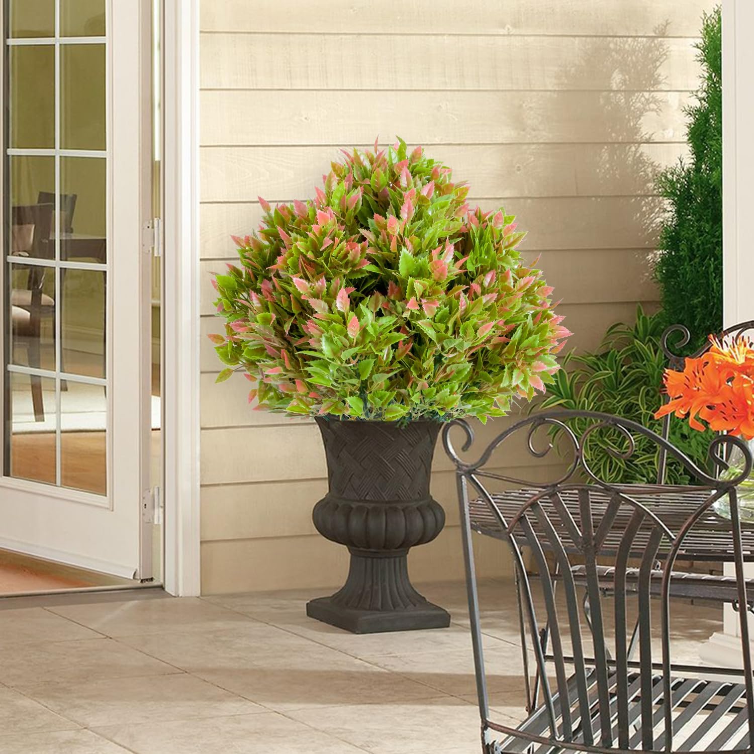 Artificial Topiary Ball Tree with Metal Ground Spike Set of 2, Fake Artificial Topiary Tree for Garden Patio Indoor and Outdoor Decor,Easy to Install,23.6 Inch