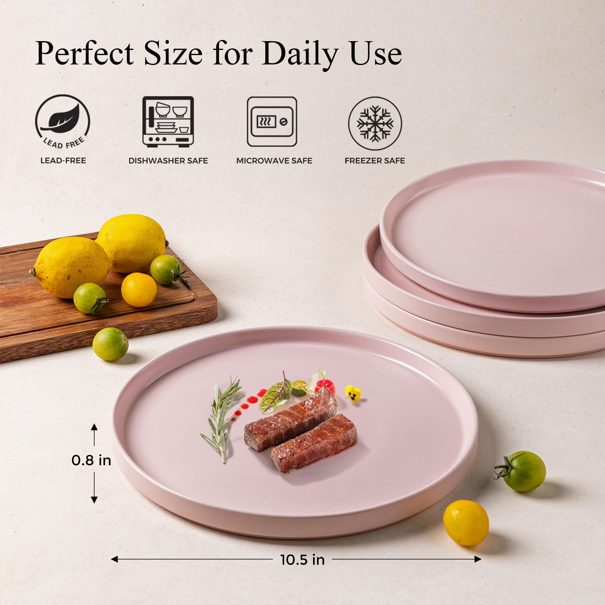 AmorArc Juego de platos llanos de cerámica de 6,10.0 pulgadas de gres mate para cocina, juego de vajilla plana moderna, apto para microondas y lavavajillas, resistente a los arañazos, rosa mate