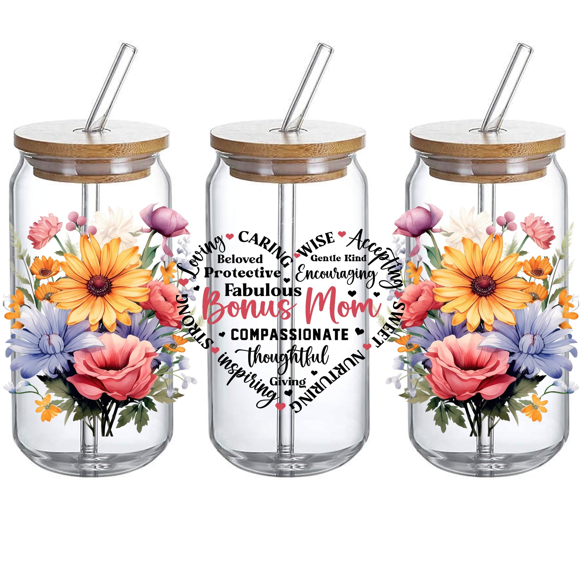UV DTF Glass Cup Wrap Transfer - Bonus Mom Gift, Bonus Mom Loving Beloved Caring Wise Sweet Giving with Floral UVDTF, Waterproof Decal for 16oz Glass Cups, Gifts for Mother Day- 3PCS