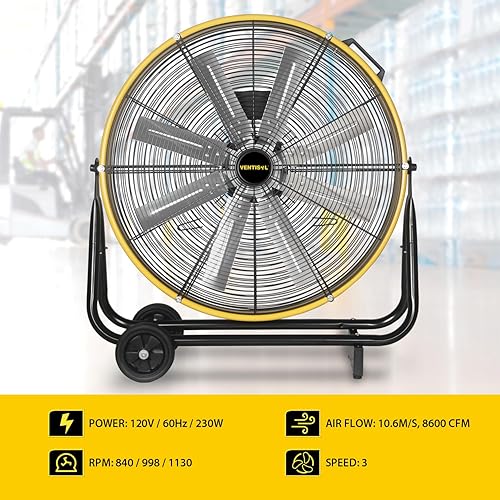 Miniatura 6 de VENTISOL Ventilador de tambor de piso industrial de 24 pulgadas, ventilador de piso resistente de 8600 CFM, circulador de aire de 3 velocidades con