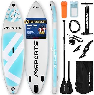 MSPORTS SUP - Stand Up Paddling Board - Aufblasbar Komplettes Paddleboard Zubehör Verstellbares Paddel, hochwertige Pumpe + 2X Paddelstock + wasserdichte Smartphone Tasche + Multifunktionstasche