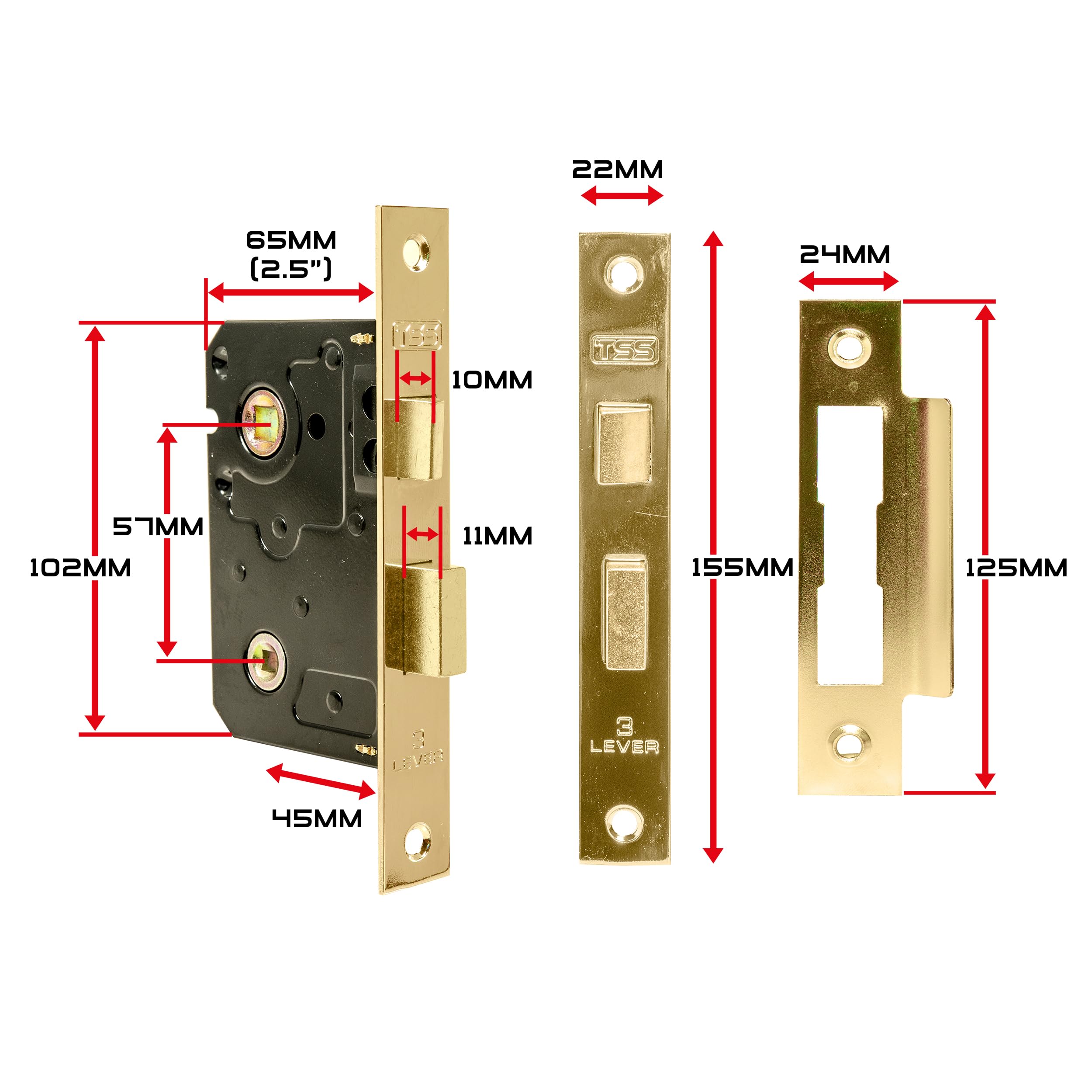 TSS Polished Brass Bathroom Lock 2.5" (65mm) Bathroom Door Lock Mortice Lock, Supplied with Fixutres & Fittings - Image 4