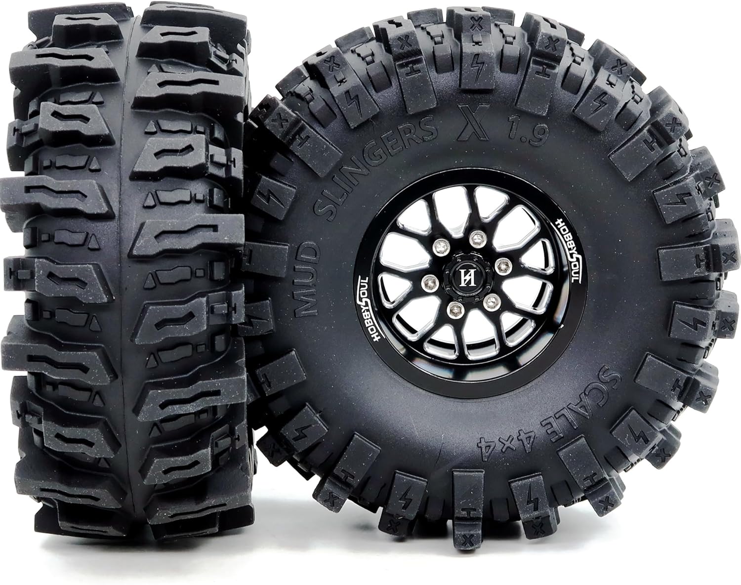 HOBBYSOUL -10.5mm Negative Offset 1.9 Beadlock wheels and tires, 4.85'' Tall Mud Slingers X T8 1.9 Tires and Wheels set For 1/10 Crawler SCX10 TRX4 Upgrades,HS701549