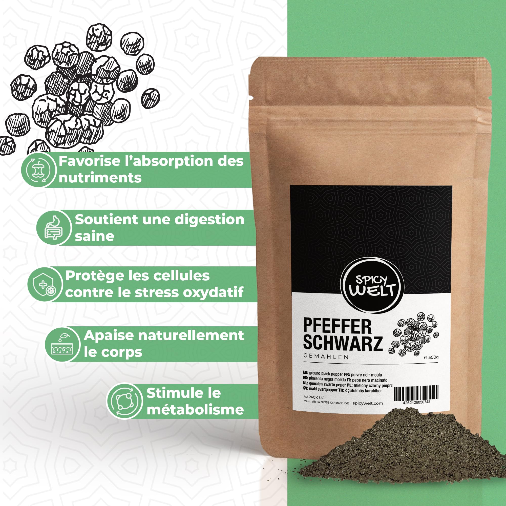 Spicy Welt Poivre Noir Moulu (1kg) – Poivre en Poudre Puissant | Idéal Steaks, Sauces & Plats Mijotés | Saveur Corsée | 100% Naturel, Sans Additifs