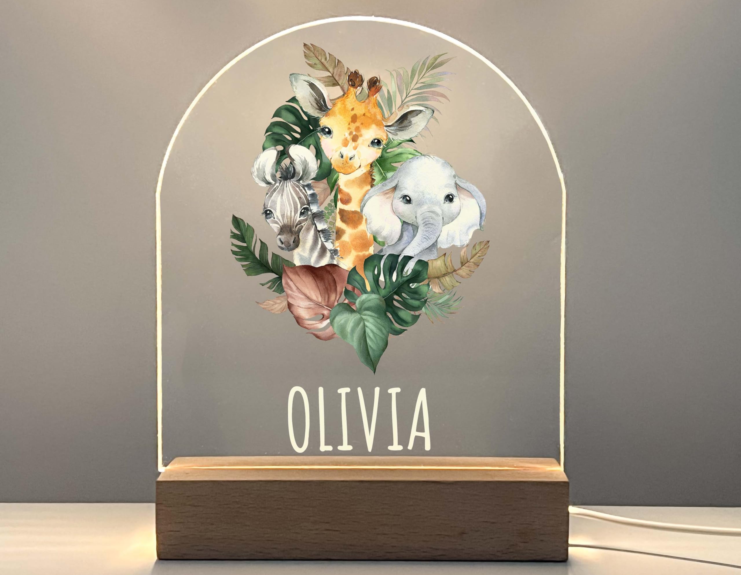 MIRROR MANIA Safari Animal Night Light, Beautifully Illustrated, Glows When lit, Includes a Wood Base and Attached USB Cord with a Soft White LED Light. Handcrafted in America.