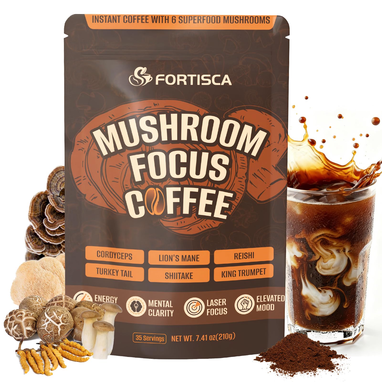 Mushroom Coffee, 6 in 1 Instant Mushroom Coffee with Cordyceps, Reish, King Trumpet, Shitake, Turkey Tail, Lions Mane for Energy, Focus, Mood & Immune