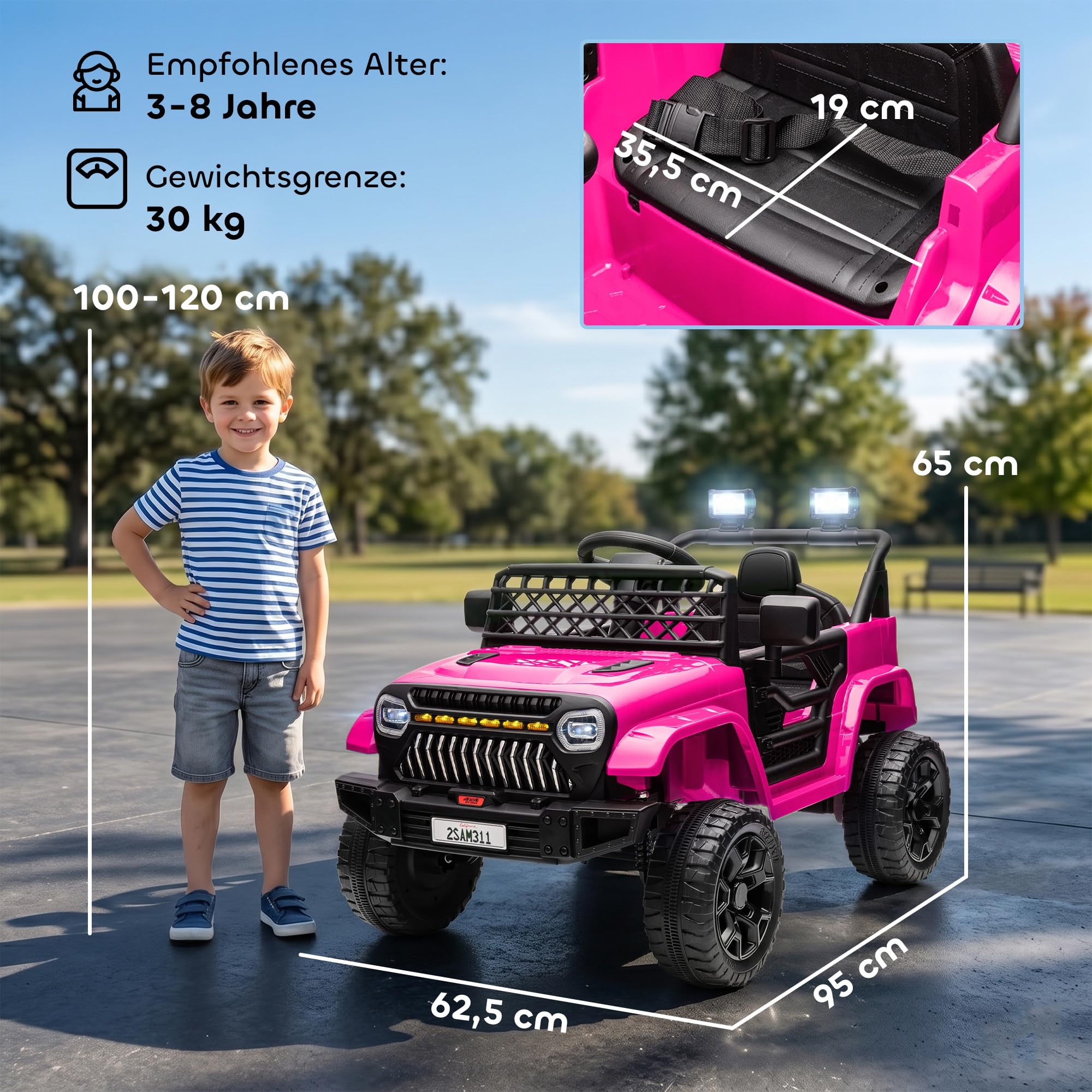 AIYAPLAY Kinder Elektroauto 12V 2,4 GHz Fernbedienung für 3-8 Jahre Rosa | Kinderauto Elektrisch, Hupe, LED Kinderfahrzeug, Musik, USB-Anschluss, Sanftstart, 4 Gefederten Rädern, Bis 5km/h