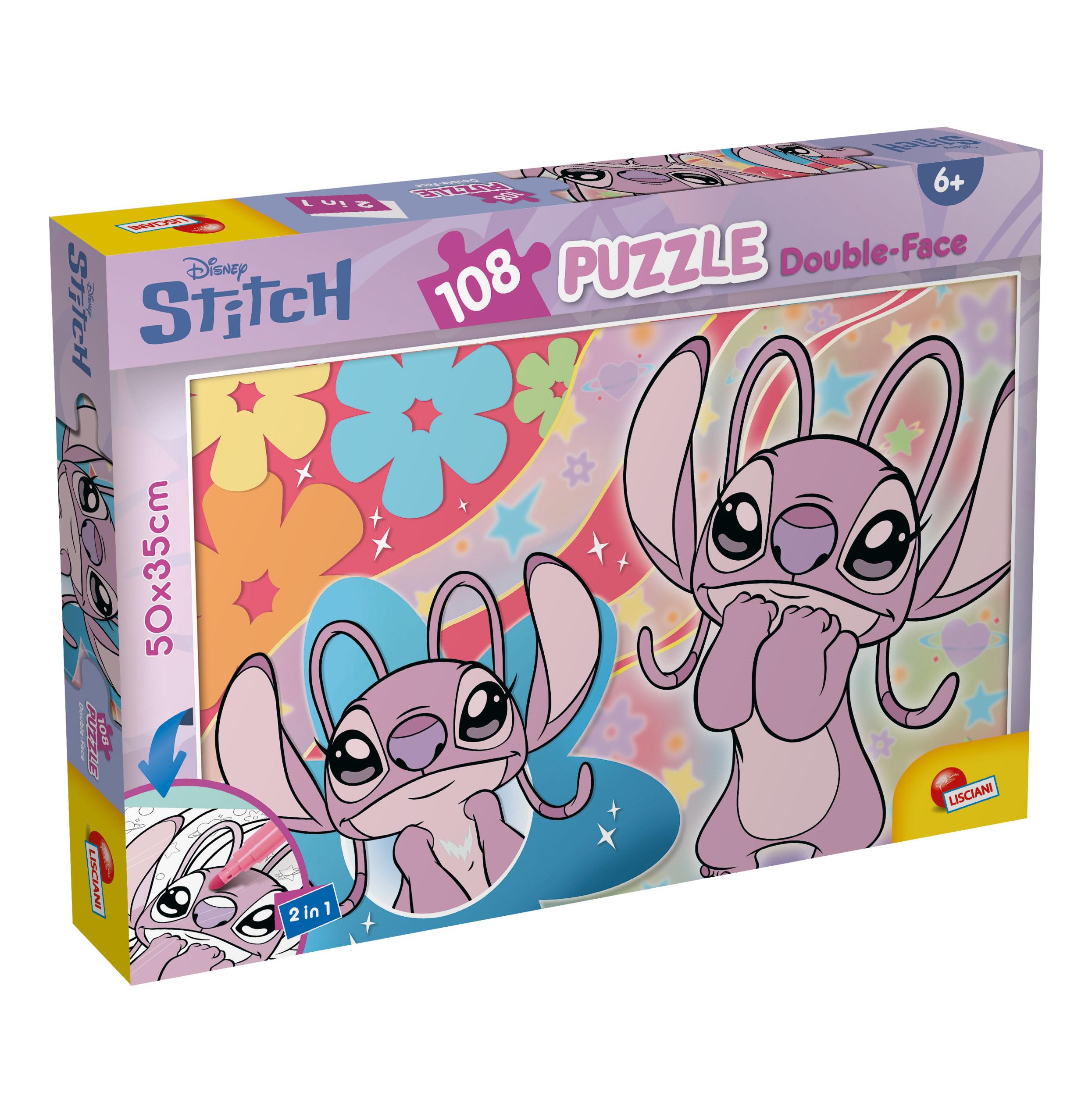 Lisciani - Disney Stitch - Maxi Puzzle for Children 6+ - 108 Pieces Double-Sided with Coloring Back - Size 50 x 35 cm - Disney Stitch Creative Activity and Hand-Eye Coordination